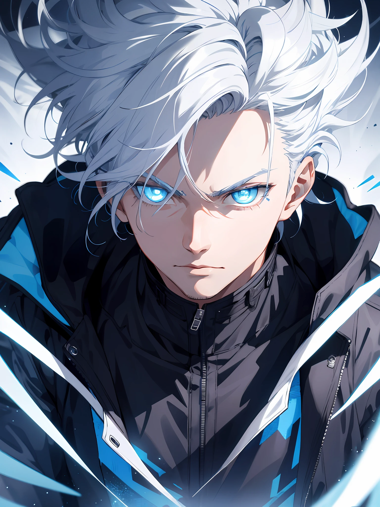 1boy,wearing a black jacket with blue energy running throughout the jacket,white hair,close up shot, futuristic mouth mask,blue outlines on the jacket,deep blue eyes, wavy messy unkept hair, ultra detailed eyes, glowing eyes, highest quality digital art, Stunning art, wallpaper 4k, highly detailed,BREAK