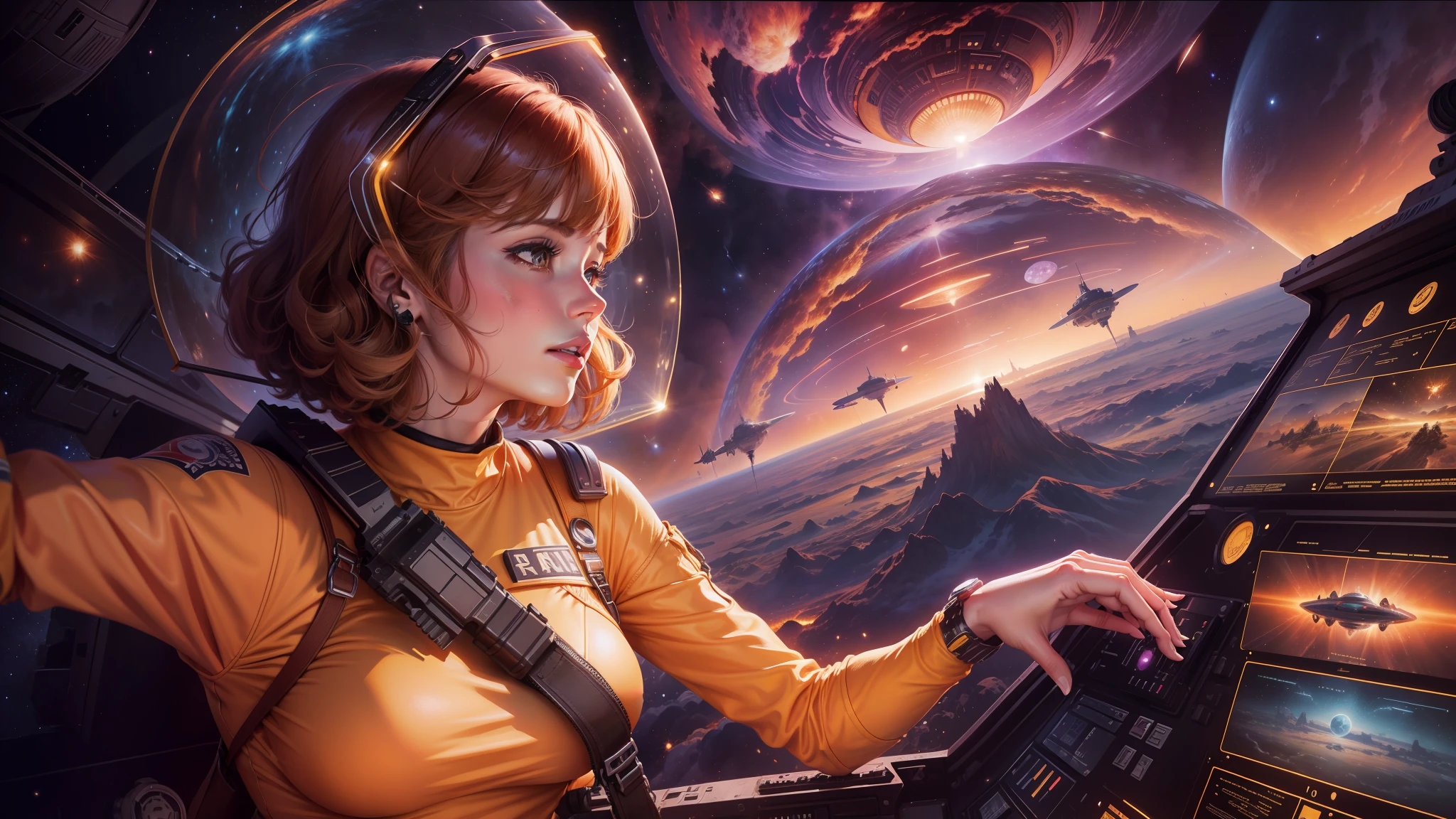arafed image of a woman in a yellow dress standing in front of a painting of a space station, movie promotional art, velma, exploding planet in background, style of ron cobb, website banner, swarm, bright stars, elimination of humanity, barbarella, promotional render, award - winning illustration, richard amsel, the last orchestra, key visual --ar 16:9 --v 5.1