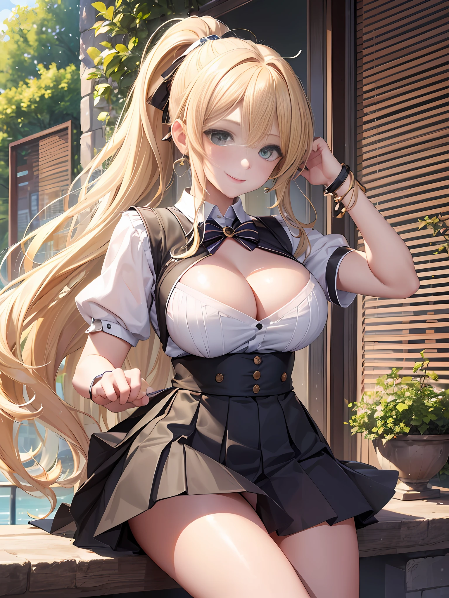 Masterpiece, Best Quality, Official Art, (Highly Detailed CG Unity 8k wallpaper), Detailed background, (Hands by Guido Daniele: 1.1), Feet out of frame, First Person View, 1, Attractive and perfect beautiful woman, Schoolgirl, JK, Schoolgirl uniform, spring, cherry, wind blowing, (((Flipping skirt))), (curvaceous), ( White thighs: 1.12), (Blonde longhair: 1.12), (Ahoge: 1.13), (High ponytail: 1.12), (Green eyes: 1.13), Look at the beholder, big, (cleavage), beautiful face, (blush: 1.11), (smile: 1.11)