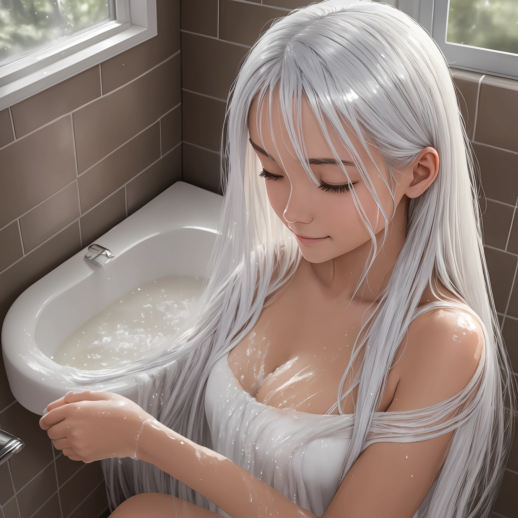 The morning sun spilled on the floor through the bathroom window, warm and soft. In the corner of the bathroom, a young girl with white hair is enjoying the freshness of bathing. Her body was wrapped in hot water, and her skin was flushed with the increase in temperature. Her long hair was wet with water droplets and stuck to her fair shoulders. Her hand gently rubbed the shower gel, quickly lathered, and then gently applied it to her body, rubbing it slowly, enjoying the feeling of every inch of her skin being cleansed. The smell of shower gel fills the entire bathroom, making it feel extra comfortable. A smile appeared on the girl's face, and she closed her eyes relaxed, enjoying this morning that belonged to her. --auto --s2