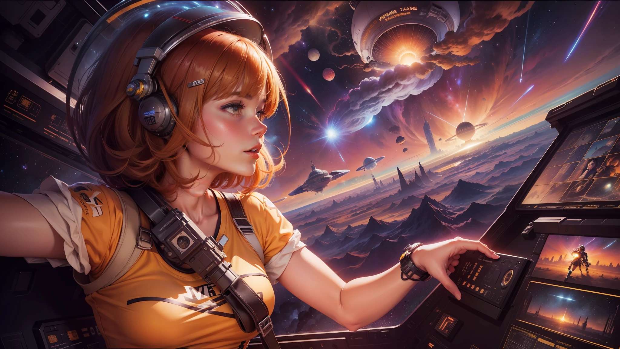 arafed image of a woman in a yellow dress standing in front of a painting of a space station, movie promotional art, velma, exploding planet in background, style of ron cobb, website banner, swarm, bright stars, elimination of humanity, barbarella, promotional render, award - winning illustration, richard amsel, the last orchestra, key visual --ar 16:9 --v 5.1