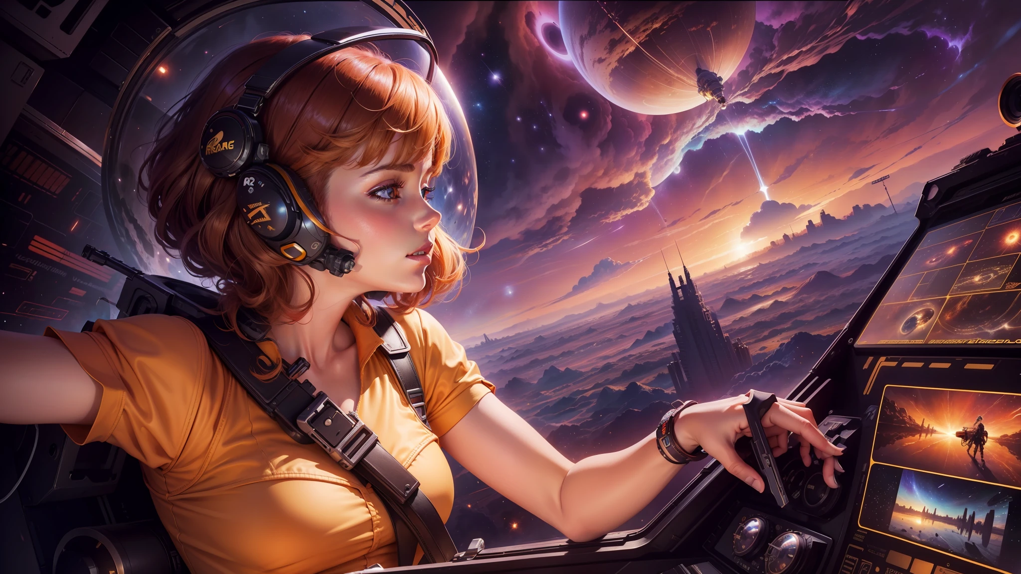 arafed image of a woman in a yellow dress standing in front of a painting of a space station, movie promotional art, velma, exploding planet in background, style of ron cobb, website banner, swarm, bright stars, elimination of humanity, barbarella, promotional render, award - winning illustration, richard amsel, the last orchestra, key visual --ar 16:9 --v 5.1