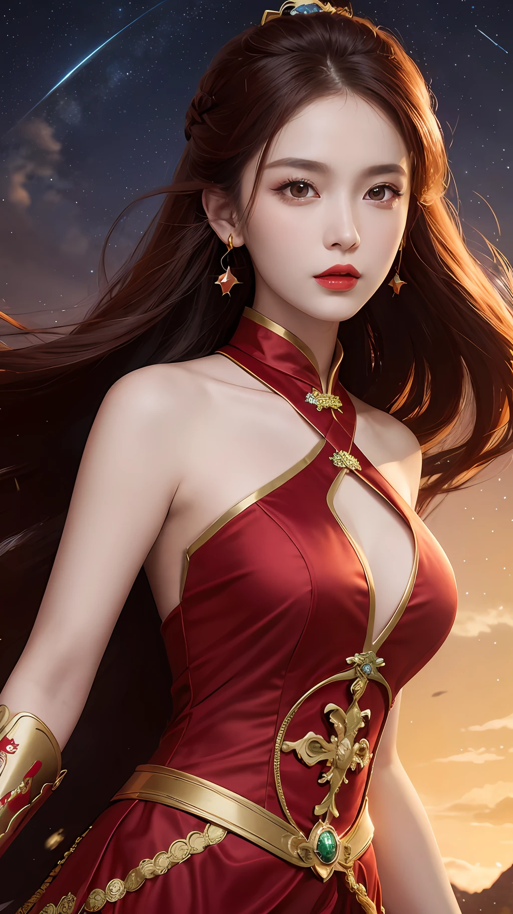 Girl, young and beautiful, tall and beautiful, fair face, perfect features, tall and beautiful, fair skin, good figure, heroic and valiant, heroic and valiant, wearing ancient Chinese armor, female general, Chinese landscape background, standing on the top of the mountain, 500 years ago, starry night, realistic, detailed, 8k, mix4, red_dress,starry sky, fire, red hair, solo, hair ornament, long hair, red eyes, jewelry, earrings, dress, bare shoulders, red lips, upper body, white background, facial mark, crescent, lipstick, forehead mark, looking at viewer