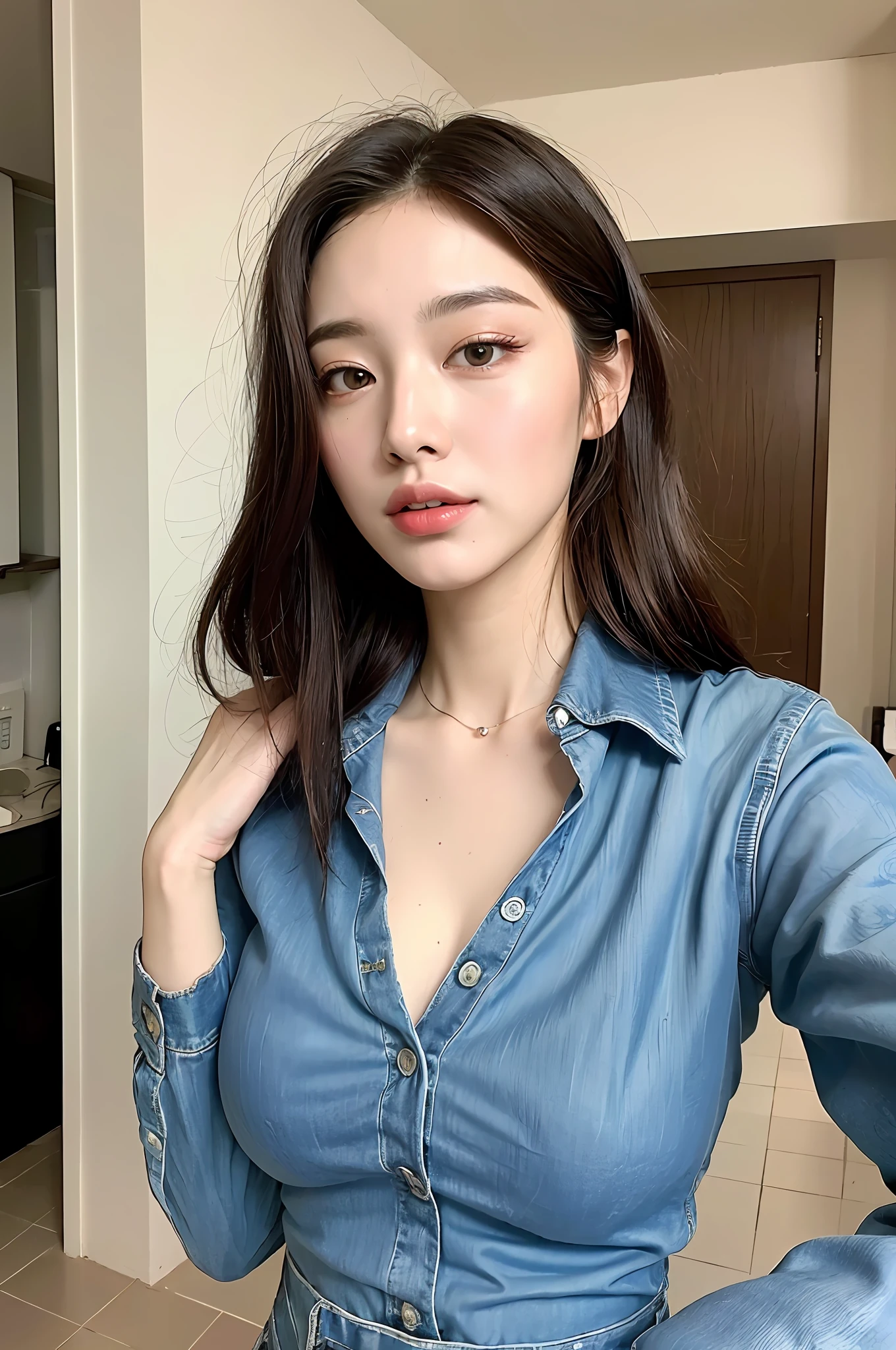 ((Best quality, 8k, Masterpiece :1.3)), 1girl, Pretty woman with emphasizing slender abs :1.3, (random hairstyles, Huge breasts :1.2), Casual outfit :1.2, Indoor, Ultra-detailed face, Detailed eyes, Double eyelid