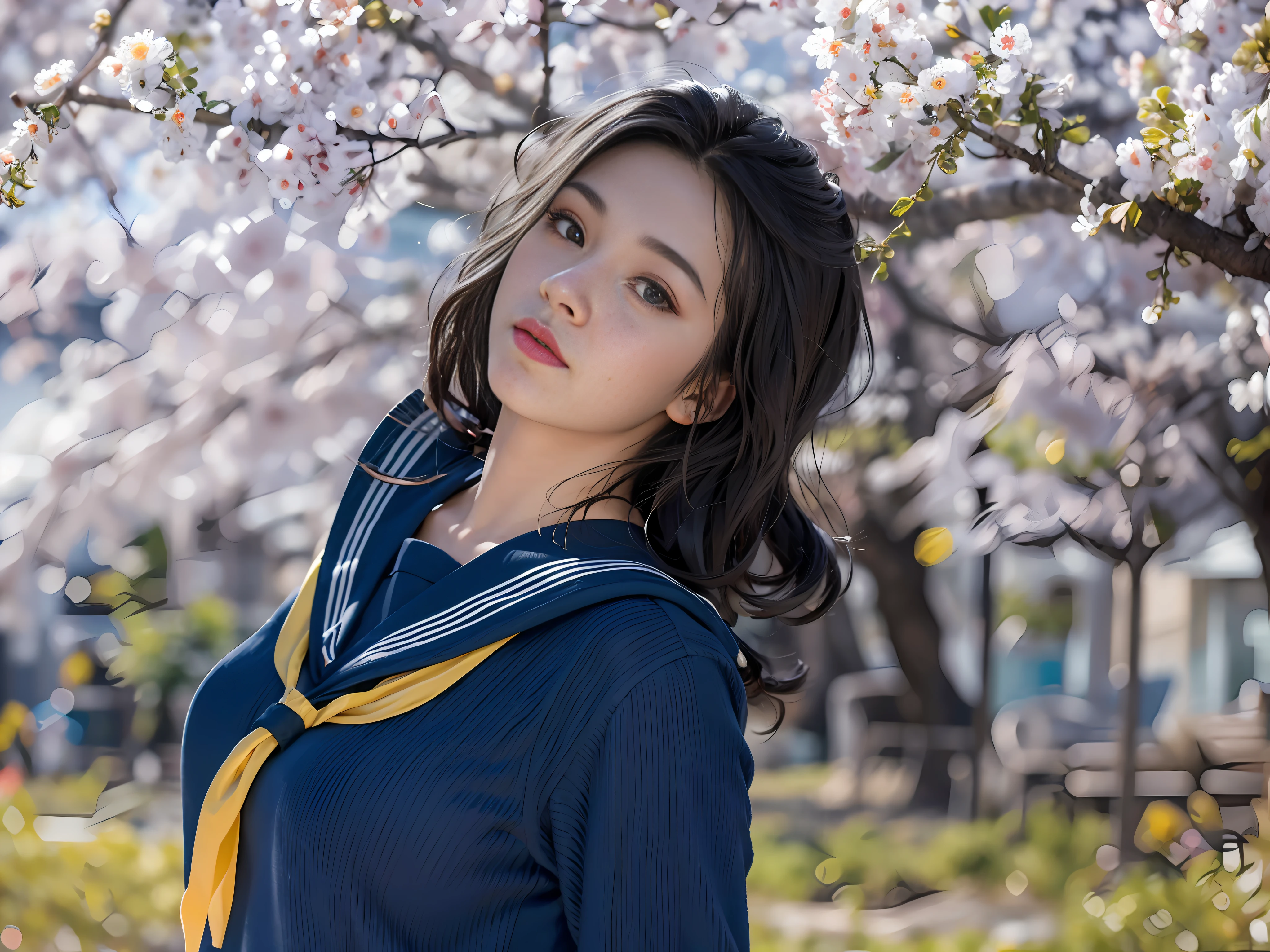 (8k, highest quality, masterpiece: 1.2), (realistic, photorealistic: 1.37), ultra-detail, highest quality, ultra-high resolution, professional lighting, photon mapping, radiosity, physically based rendering, cinematic lighting, blushing, depth of field, focusing, sunbeams, good composition, (bokeh: 1.2), 1 girl, (full body), (closed mouth), Beautiful eyes, pose, constriction, sailor suit, black hair, unkempt hair, long hair fluttering in the wind, (ulzzang-6500:1.2) mix4, hiqcgbody