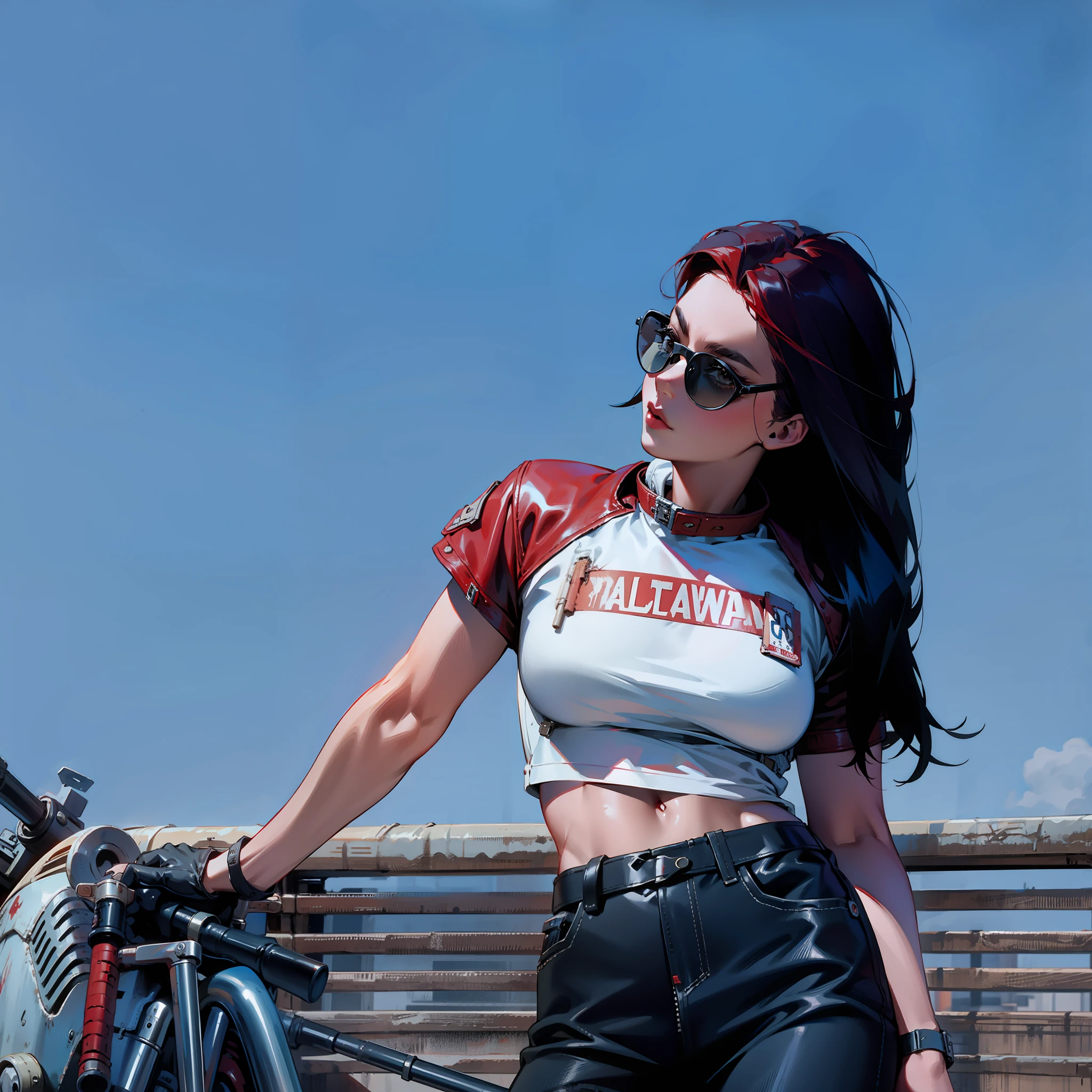 wasteland outlaw, red hair, black leather jacket, patches, retrofuturism, fallout, 50s