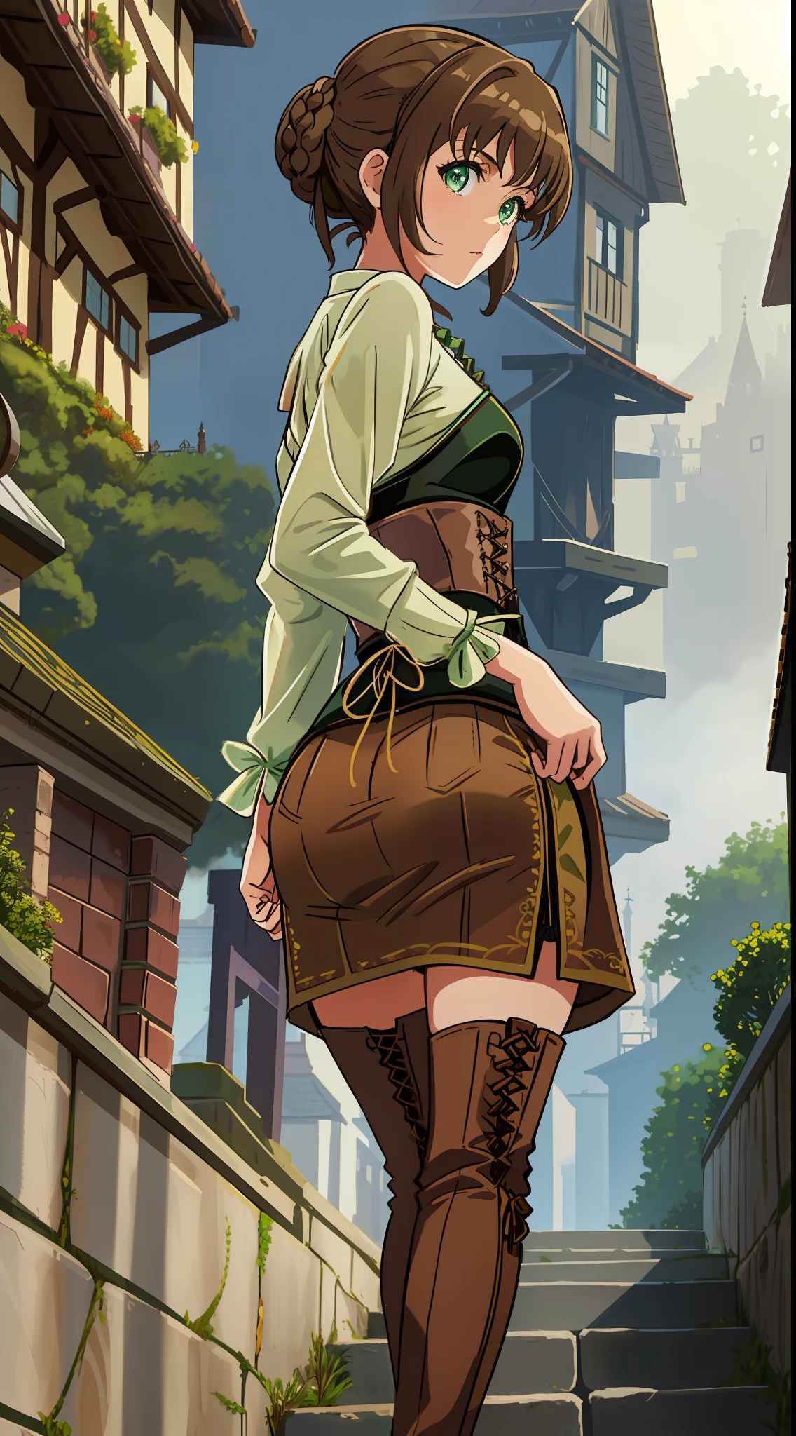 Solo, Duvalie (brown hair with braided buns, green eyes, bustier, cute, small breasts), sexy dress, showing ass, photo from behind, walking down a street, stairs, medieval castle background, fog, Legram, lakeside town