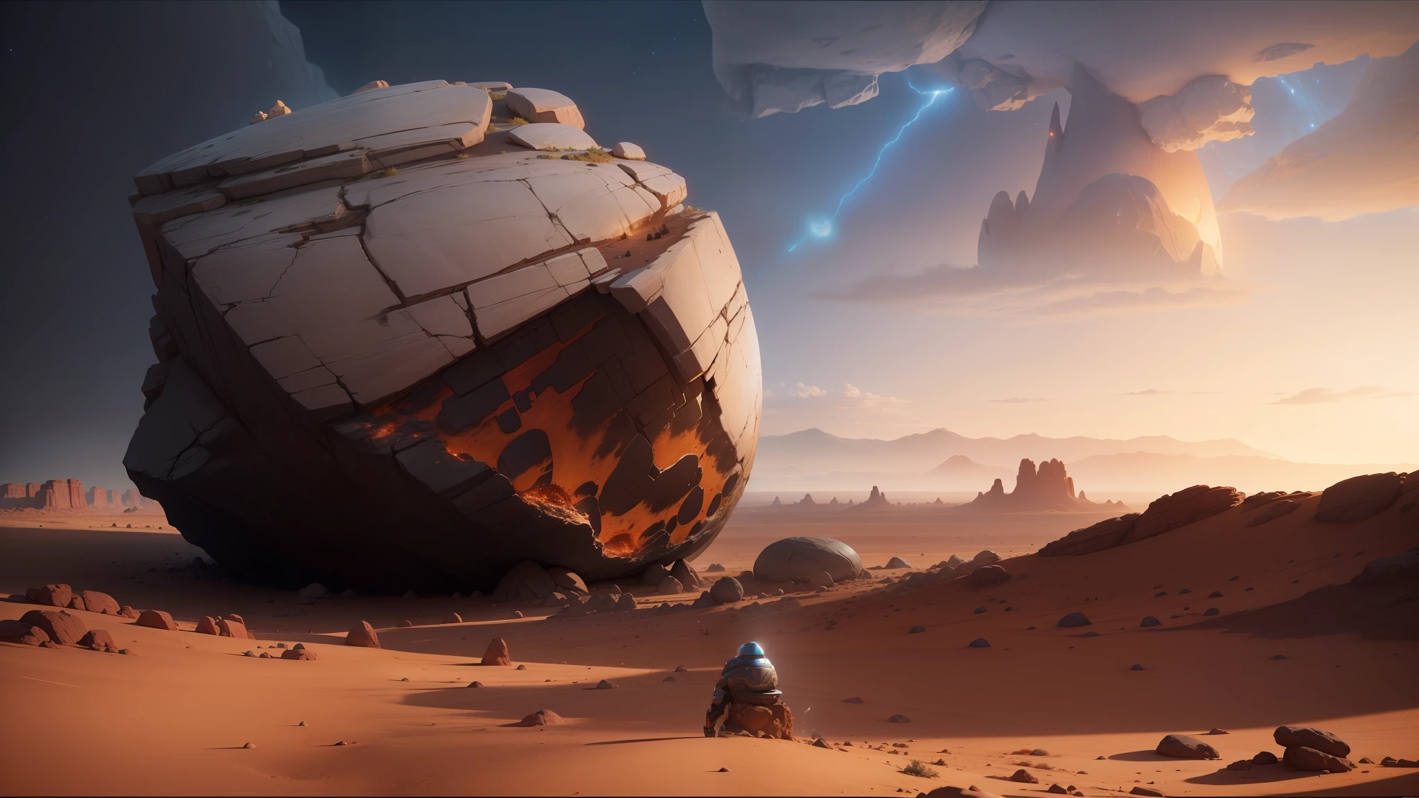 there is a large rock in the middle of a desert, unreal engine 5 », jodorowky's dune movie, still from pixar movie, mark brooks and brad kunkle, cracked earth, by Russell Chatham, inspired by Scott Listfield, crashed in roswell, anamorphic widescreen