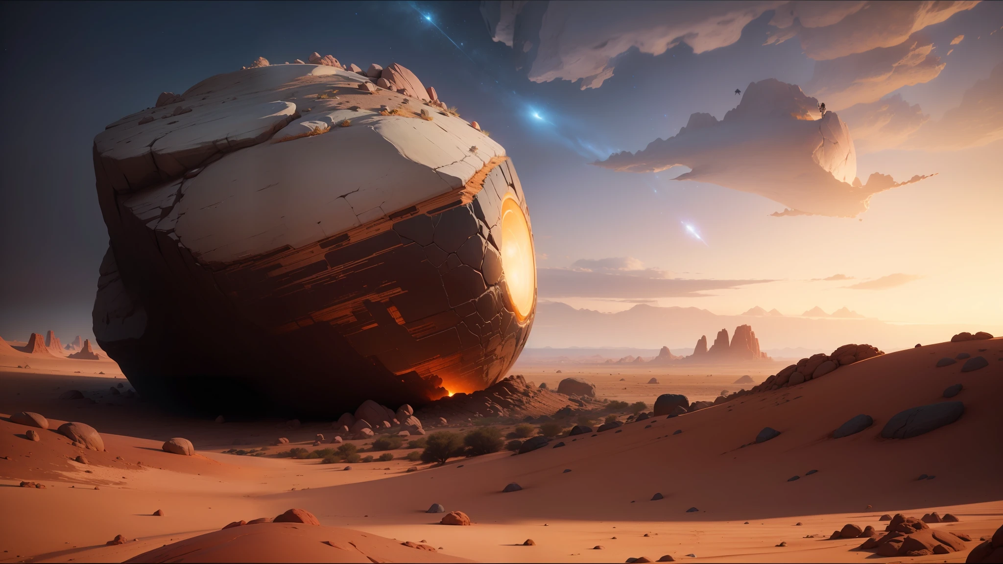 there is a large rock in the middle of a desert, unreal engine 5 », jodorowky's dune movie, still from pixar movie, mark brooks and brad kunkle, cracked earth, by Russell Chatham, inspired by Scott Listfield, crashed in roswell, anamorphic widescreen