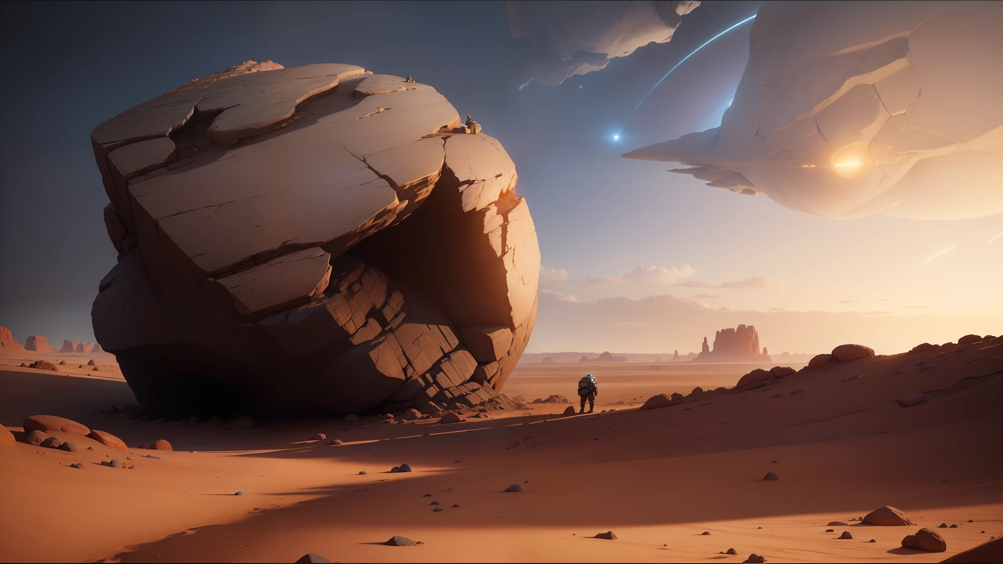 there is a large rock in the middle of a desert, unreal engine 5 », jodorowky's dune movie, still from pixar movie, mark brooks and brad kunkle, cracked earth, by Russell Chatham, inspired by Scott Listfield, crashed in roswell, anamorphic widescreen