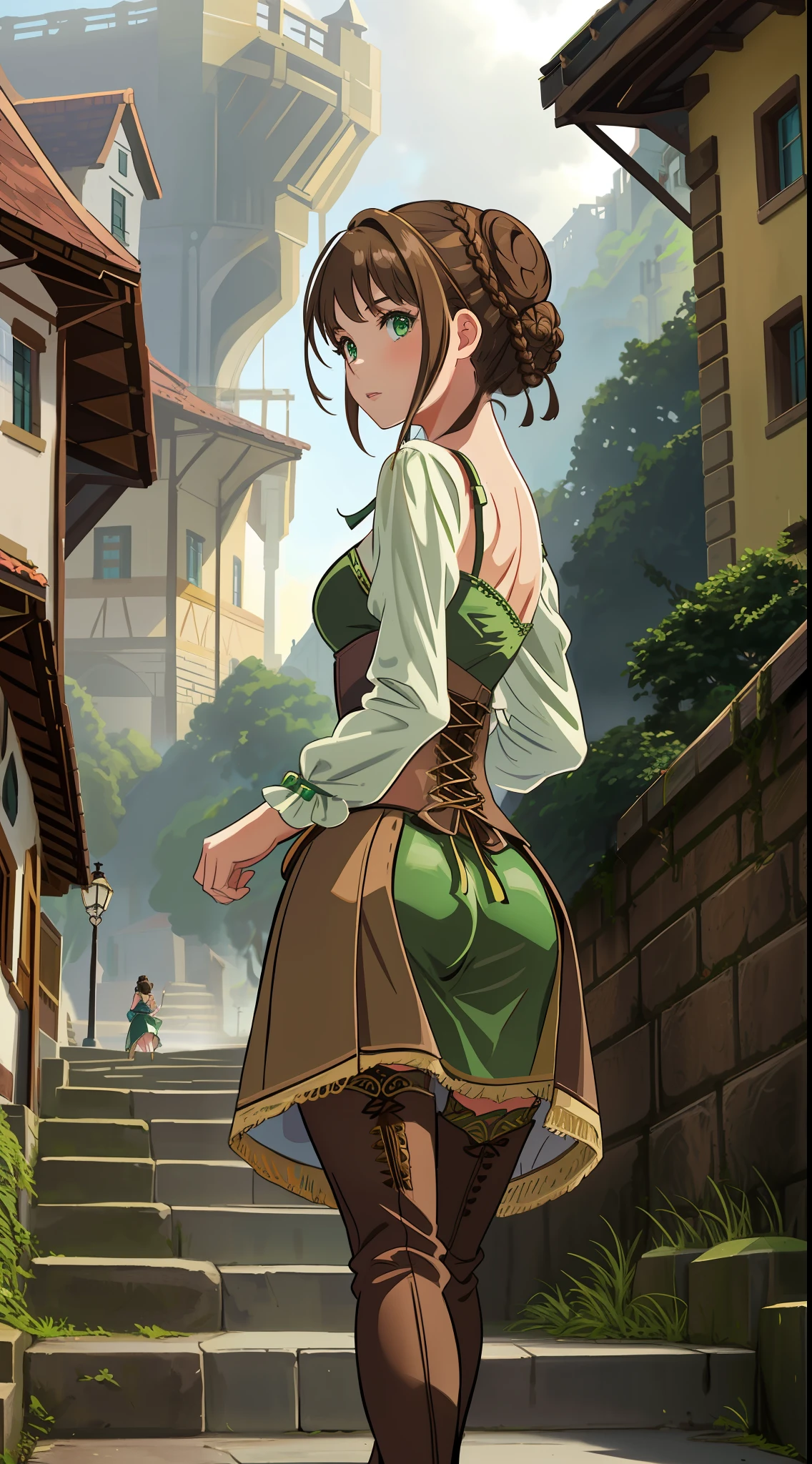 Solo, Duvalie (brown hair with braided buns, green eyes, bustier, cute, small breasts), sexy dress, showing ass, photo from behind, walking down a street, stairs, medieval castle background, fog, Legram, lakeside town