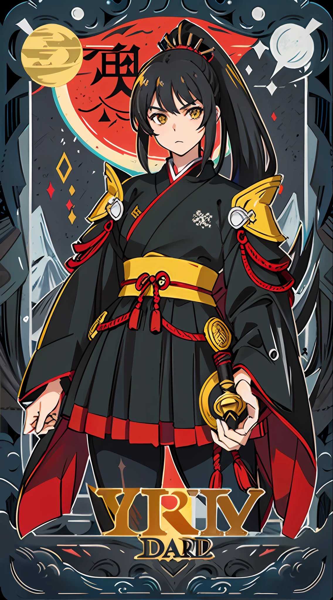 (anime-style, highly detailed and lifelike, best quality), a lone (girl:1.2) stands before (a scenic mountain landscape), her (black hair:1.3) pulled back tightly into a (streamlined ponytail:1.05). Her (expressive yellow eyes) shine against the stark contrast of her (black and red samurai armor), each piece (magnificently detailed:1.15). She confidently holds a (polished katana) at her side, poised and ready for whatever may come her way. Card design, text at the very bottom says THE FOOL, Dark sky, full moon at the top of the card