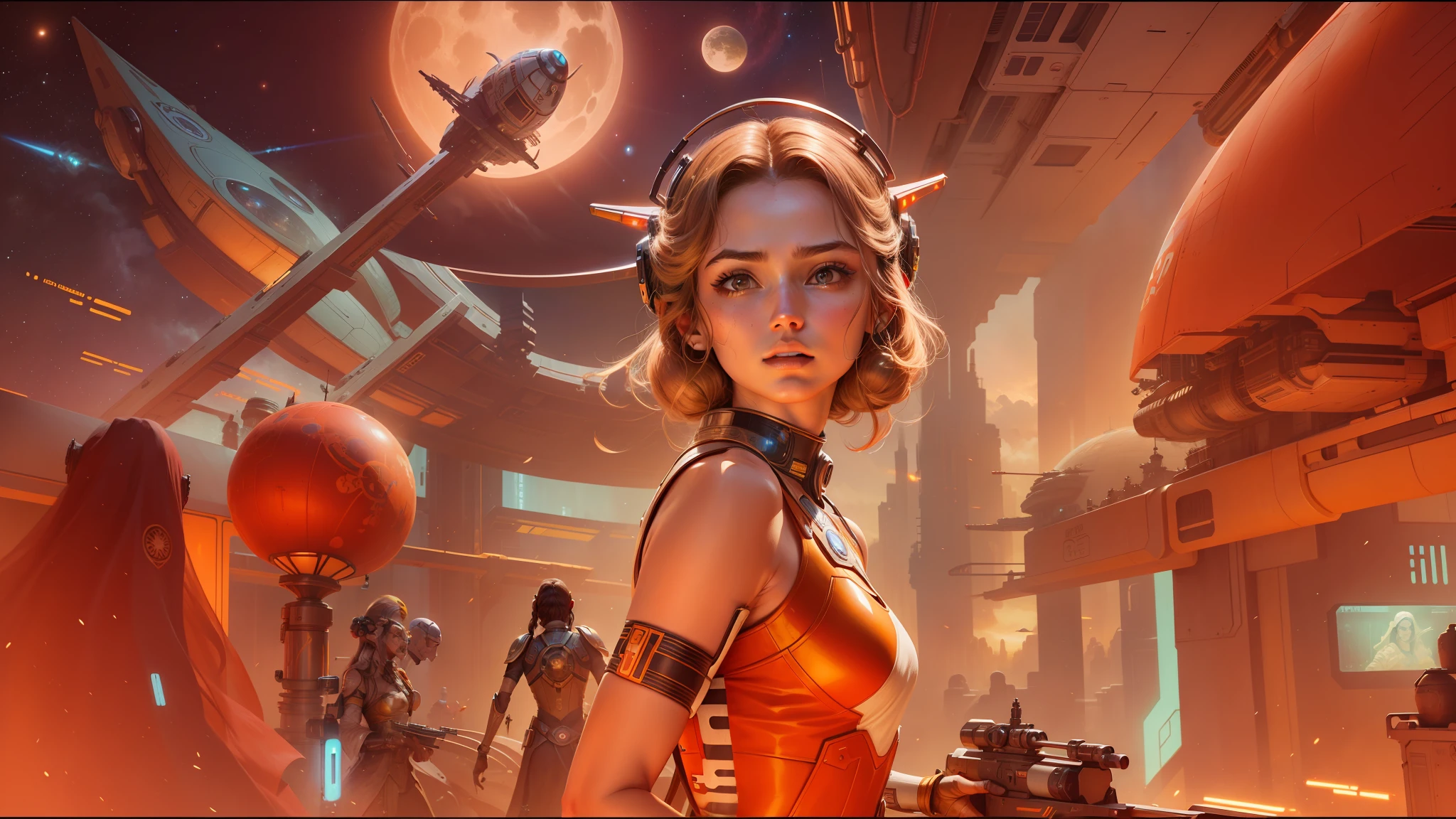 arafed image of a woman in a spaceship looking out of a window, padme amidala, retro spaceships parked outside, gumroad, cyberpunk angry gorgeous goddess, what dreams may come, still from star wars, john stephens, artwork in the style of z.w. gu, chinese empress, the coming ai singularity --ar 16:9 --v 5.1