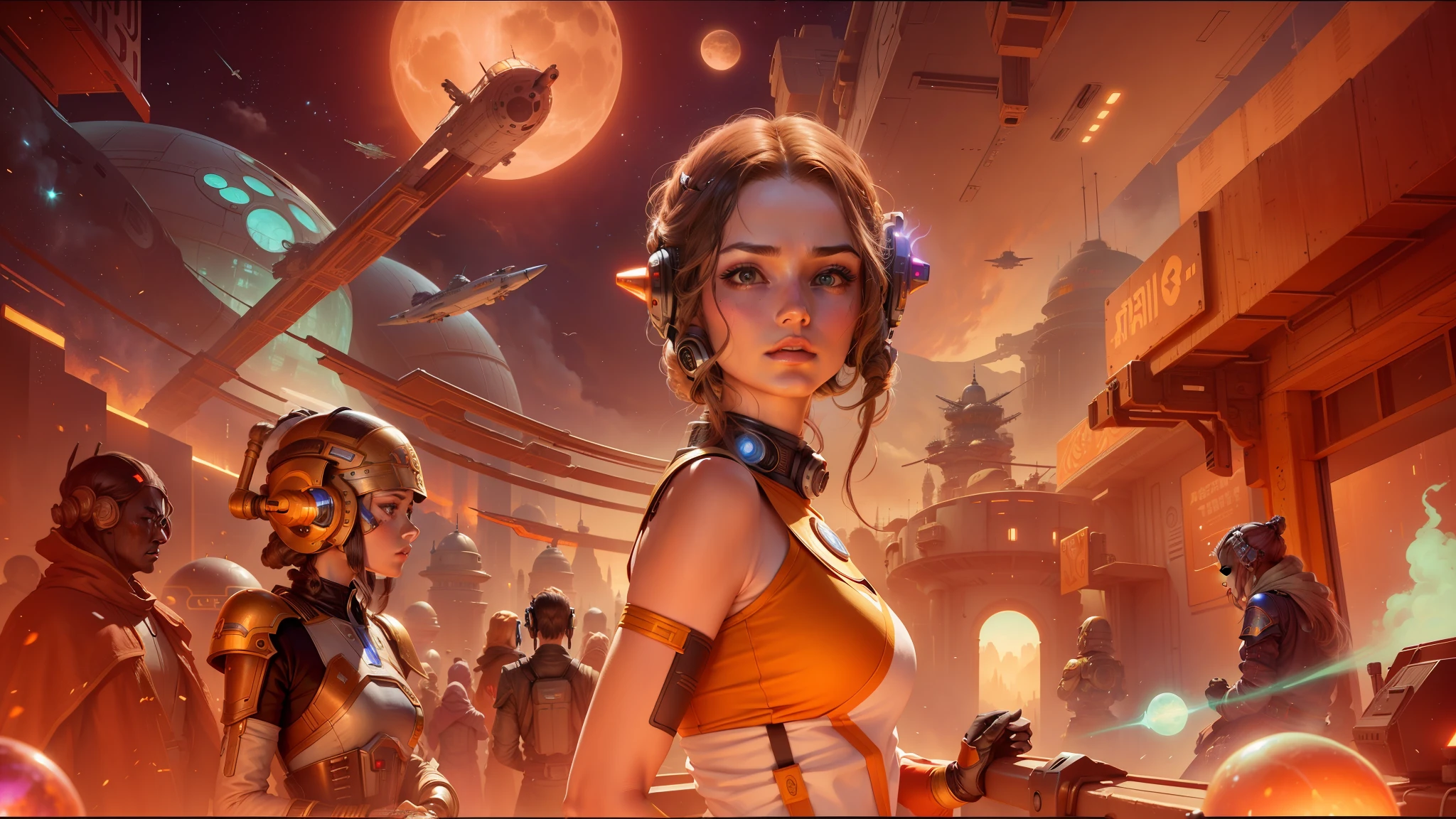 arafed image of a woman in a spaceship looking out of a window, padme amidala, retro spaceships parked outside, gumroad, cyberpunk angry gorgeous goddess, what dreams may come, still from star wars, john stephens, artwork in the style of z.w. gu, chinese empress, the coming ai singularity --ar 16:9 --v 5.1