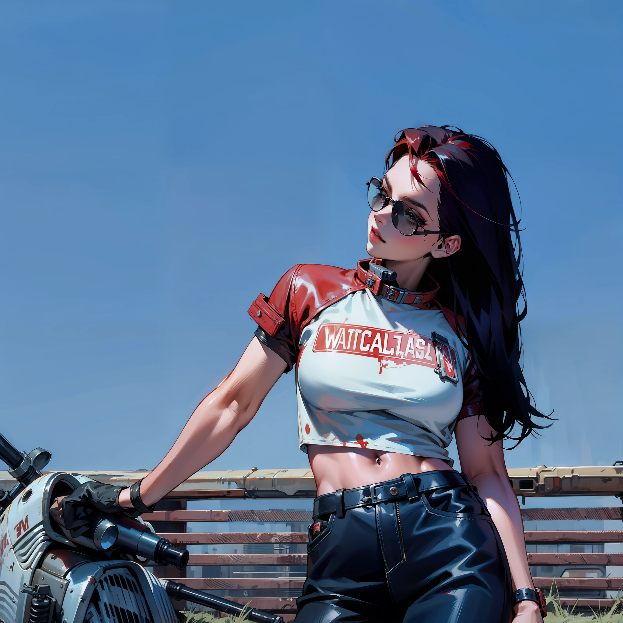 wasteland outlaw, red hair, black leather jacket, patches, retrofuturism, fallout, 50s