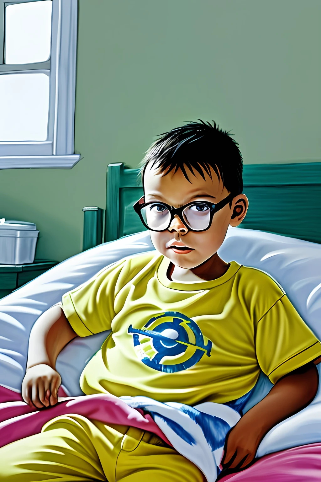 guttonerdvision3, drawing of a 3-year-old boy wearing glasses waking up in his bed, wearing his pajamas, lounging around, getting ready for another beautiful day. The image refers to a boy in his room, with a window with a thin transparent curtain and outside the house is a yellowish dawn sun. Illustration by alex ross, fair in water-based paint, realistic and detailed