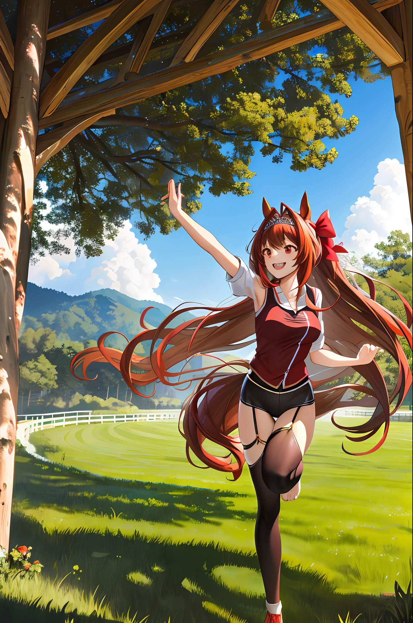 Masterpiece, Top Quality, Hi-Res, 1girl, Daiwa Scarlet, Horse Ears, Long-haired, Twin-tailed, Tiara, Horsetail, Very Long Hair, Brown Hair, , Garter Strap, Fangs, Red Eyes, , Bangs, Yoga Clothes, Hair Bow, (Running: 1.3), Field, Outdoors, Smile,