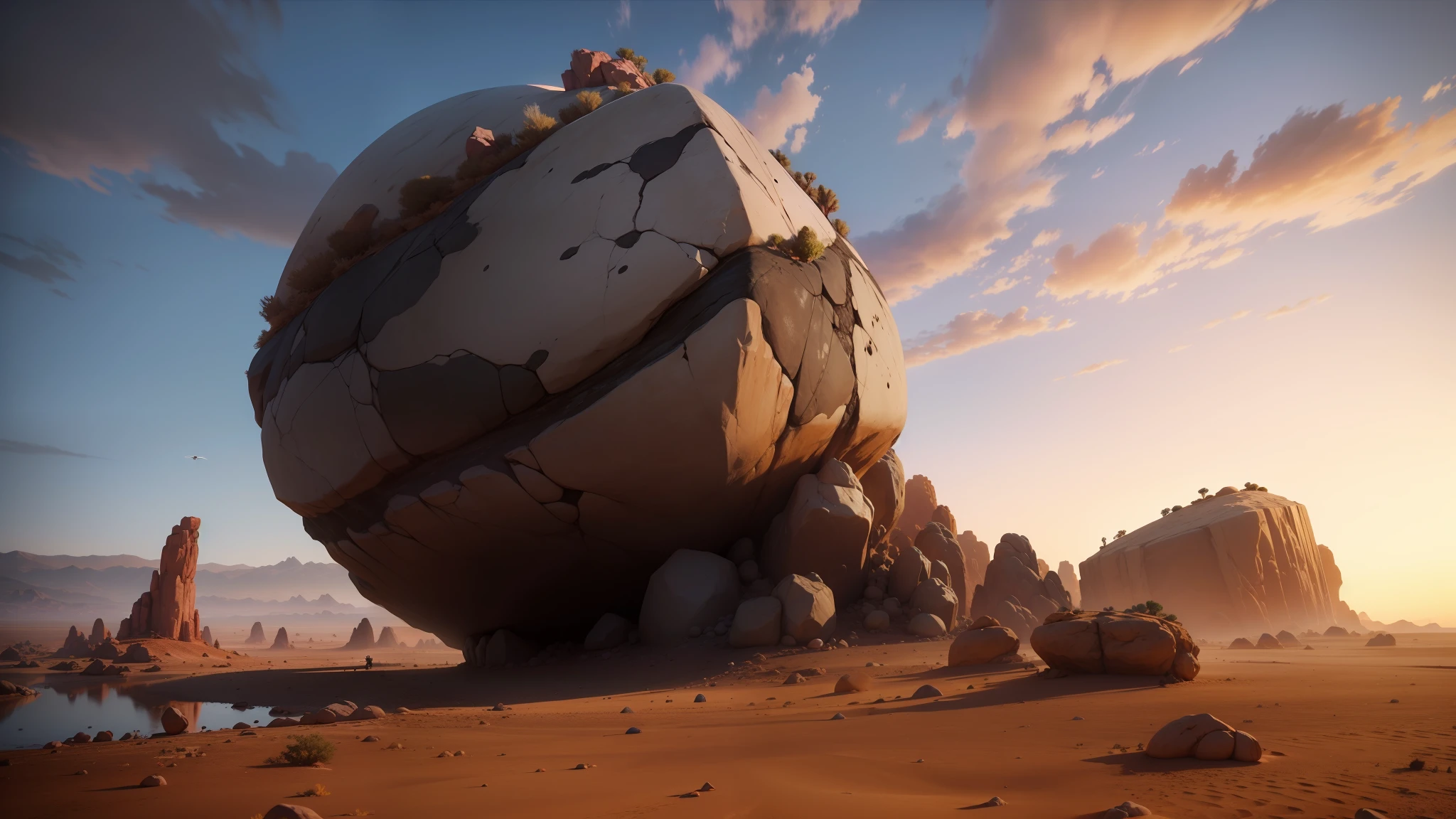 there is a large rock in the middle of a desert, pixar zootopia. 3 d rendering, final fantasy x, by Andrew Henderson, still from the movie the arrival, gameplay screenshot, inspired by Albert Namatjira, unity screenshot, by Cricorps Grégoire, videogame graphics