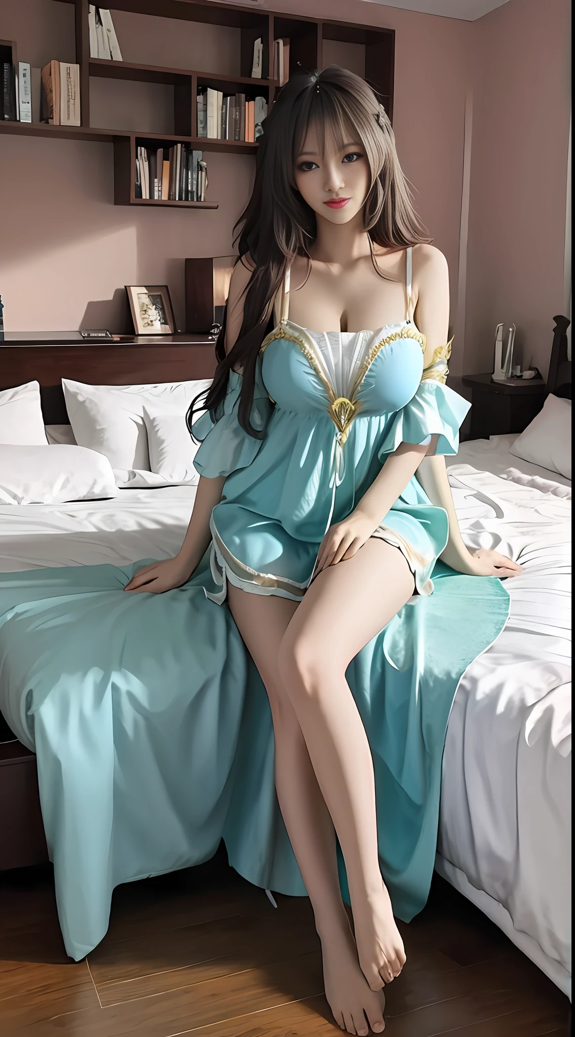 A beautiful sexy woman, full body, long legs, barefoot, big breasts, sitting on the bed