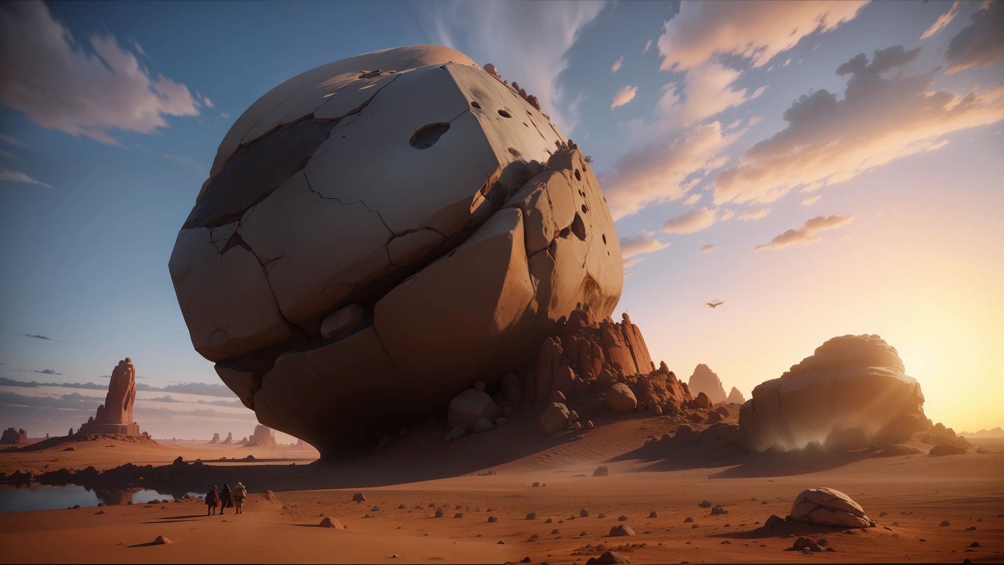 there is a large rock in the middle of a desert, pixar zootopia. 3 d rendering, final fantasy x, by Andrew Henderson, still from the movie the arrival, gameplay screenshot, inspired by Albert Namatjira, unity screenshot, by Cricorps Grégoire, videogame graphics