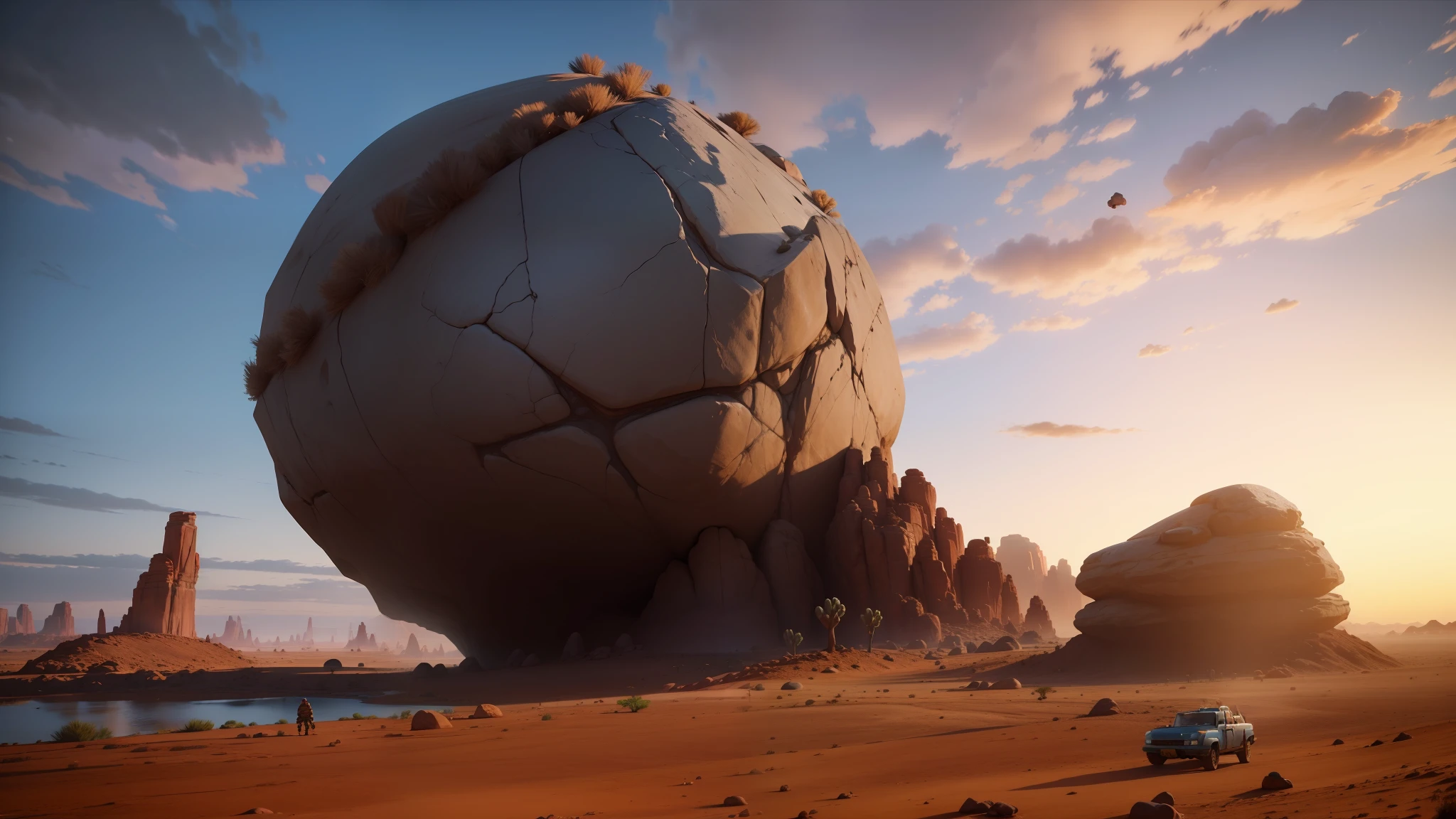 there is a large rock in the middle of a desert, pixar zootopia. 3 d rendering, final fantasy x, by Andrew Henderson, still from the movie the arrival, gameplay screenshot, inspired by Albert Namatjira, unity screenshot, by Cricorps Grégoire, videogame graphics