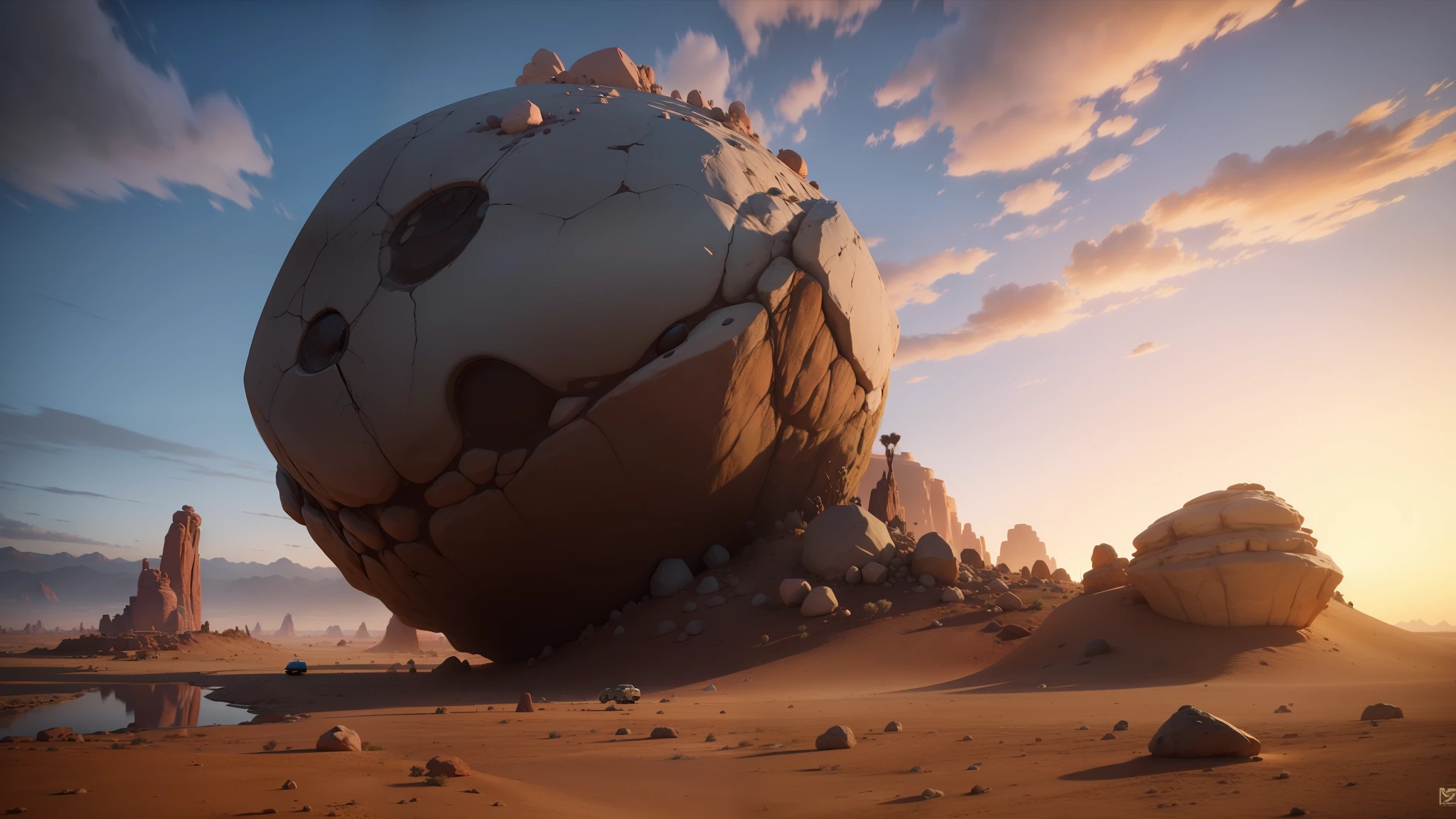 there is a large rock in the middle of a desert, pixar zootopia. 3 d rendering, final fantasy x, by Andrew Henderson, still from the movie the arrival, gameplay screenshot, inspired by Albert Namatjira, unity screenshot, by Cricorps Grégoire, videogame graphics