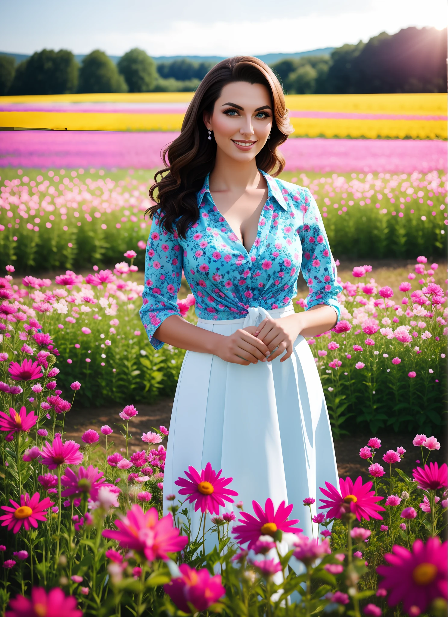 analog proto, beautiful young 30 yo slavik woman standing in a field of colourful flowers, summer, beautiful lighting, (photorealistic, sharp focus), ultra detailed