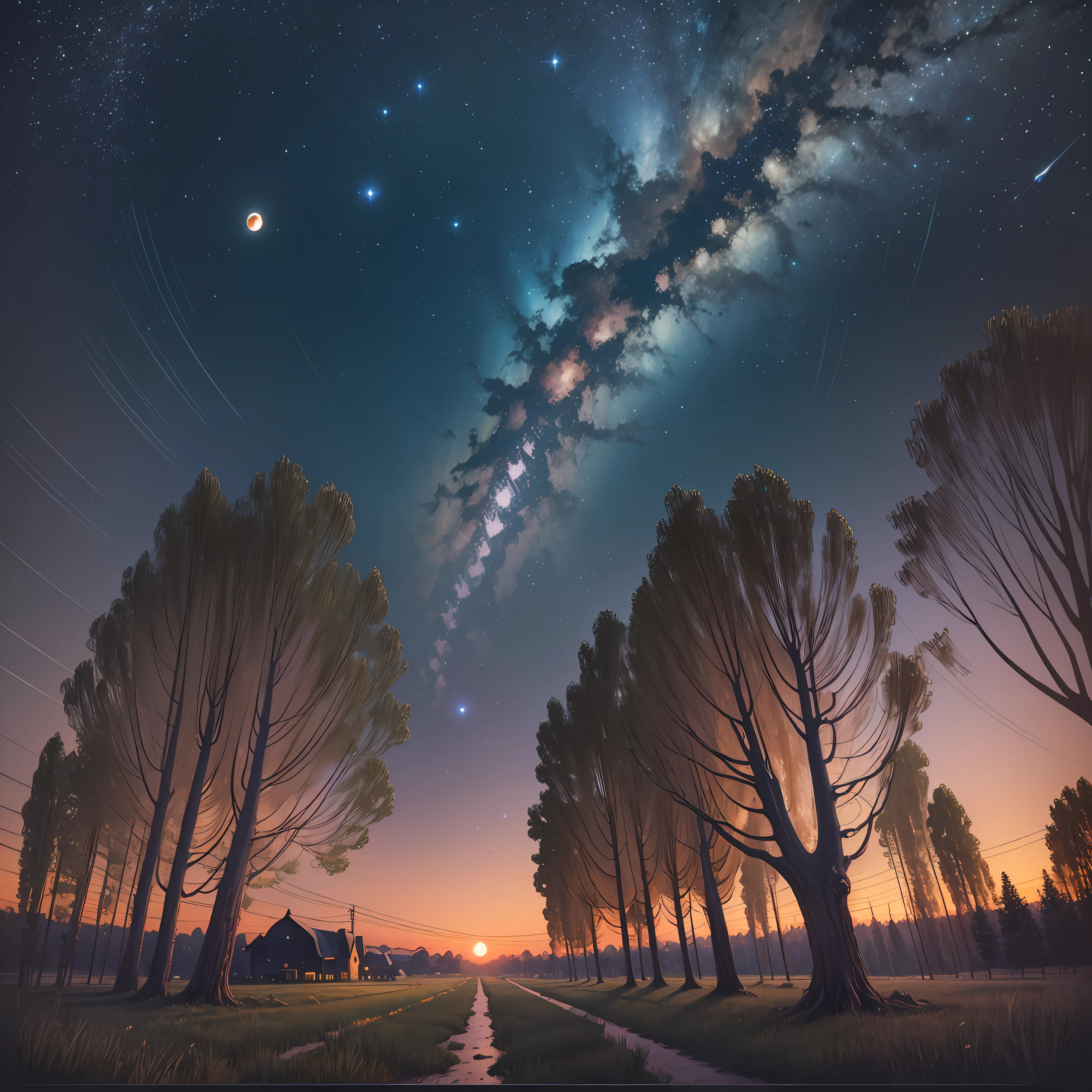 (masterpiece), rural summer nights, (high detail, surrealism, futurism, high quality), dark night sky. --auto --s2