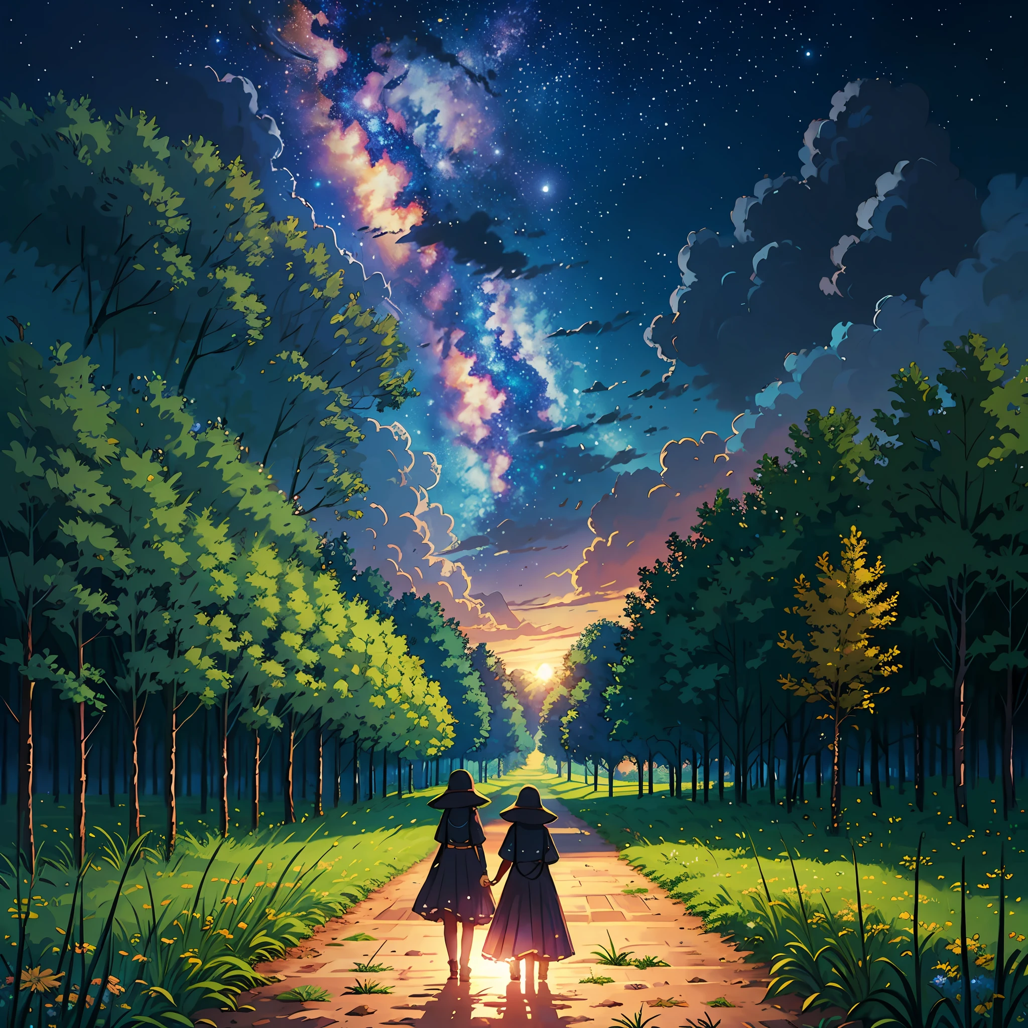 Countryside, paths, mothers, children, hand in hand, summer, night, Starry sky, stars, silence, high detail, Surrealism, Futurism, high quality, high quality, retina, retina --auto --s2