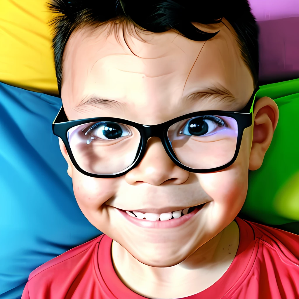 guttonerdvision3, drawing of a 3--old wearing glasses waking up in his bed, wearing his pajamas, lounging around, getting ready for another beautiful day. The image refers to a boy in his room, with a window with a thin transparent curtain and outside the house is a yellowish dawn sun. Illustration by alex ross, fair in water-based paint, realistic and detailed