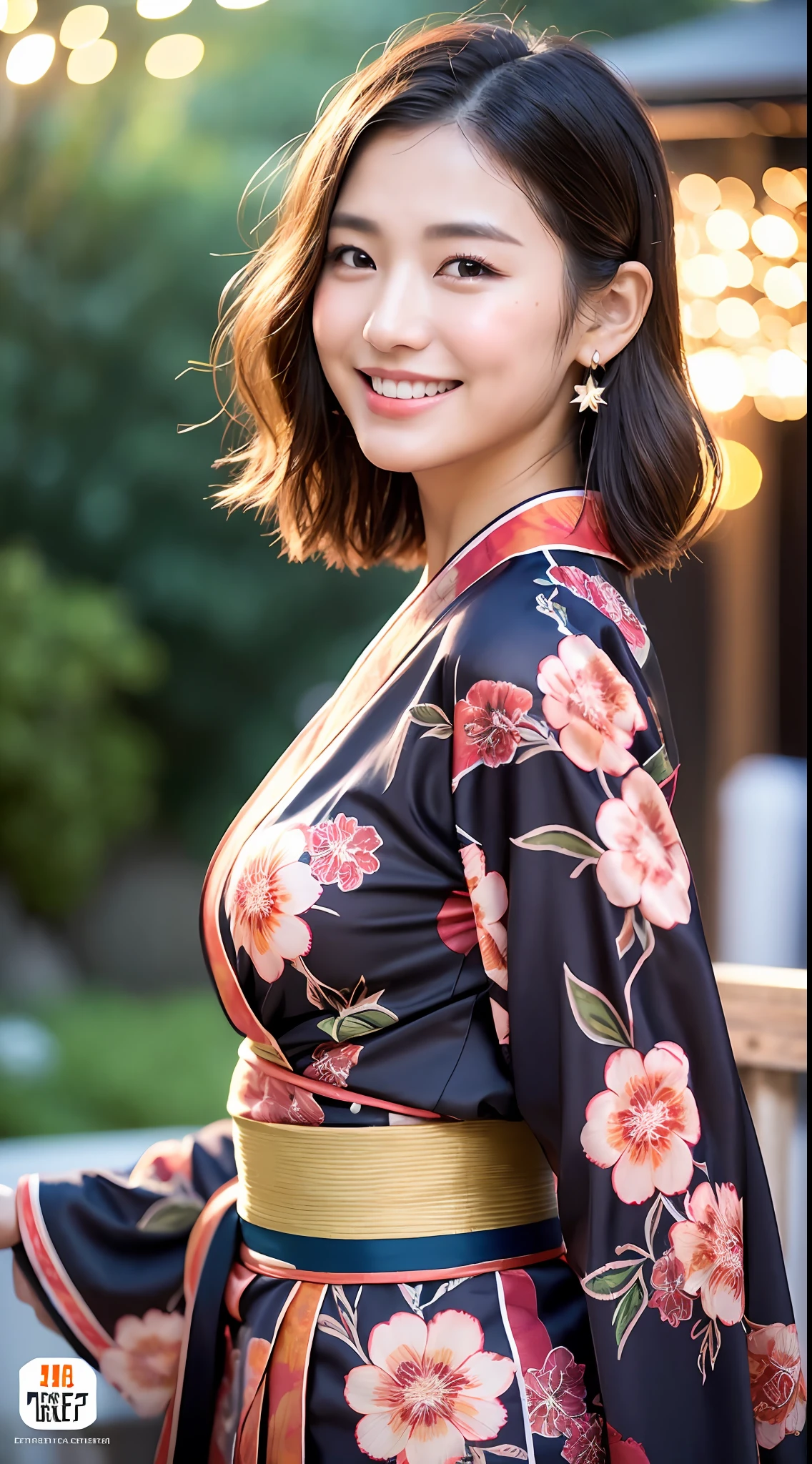 ((Best Quality, 8K, Masterpiece: 1.3, pair)), Beautiful Girl, Ultra-detailed face and skin texture, Detailed Lips, Detailed Tongue, Photorealistic, raw photo, (dark rust-colored wave short hair), big, Toned abdomen, big round buttocks, double eyelids, moist lips, large earrings, moles around the eyes, yukata, kimono, small hair, fireworks, smile, talking happily, sweaty body, sheer nipple shape: 1.5