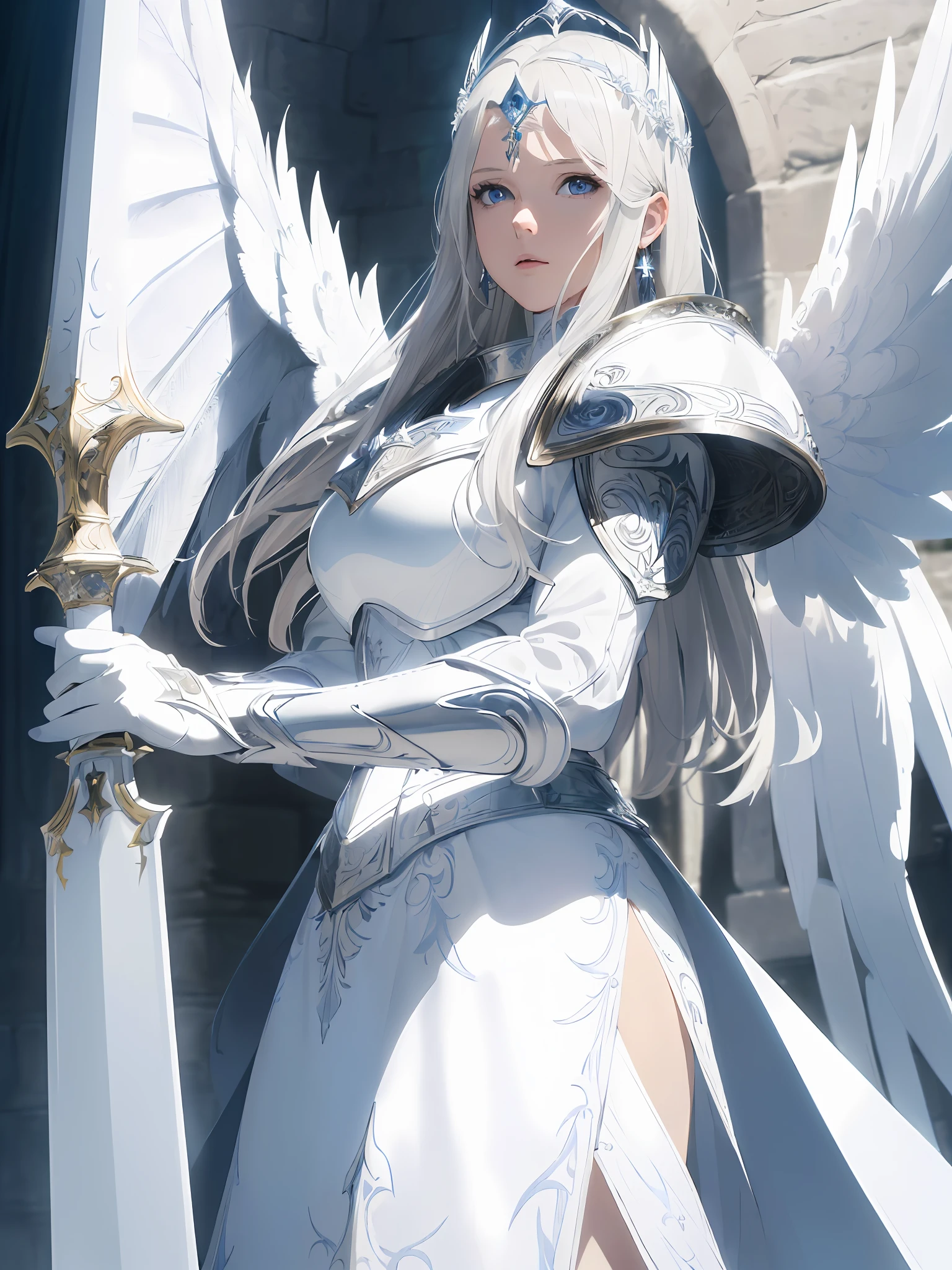 (((Masterpiece, Best Quality, High Definition, High Detail)))), ((Fantasy)))), (1 Female Knight)), Big, (Long Silver Blonde Hair), (Blue Eyes), (Fine and Large White Wings)), (White Cloak)), White Winged Circlet, White Leather Armor, White Gauntlet, White Glebe, (((White Long Spear)), (( A large shield shaped like white feathers))