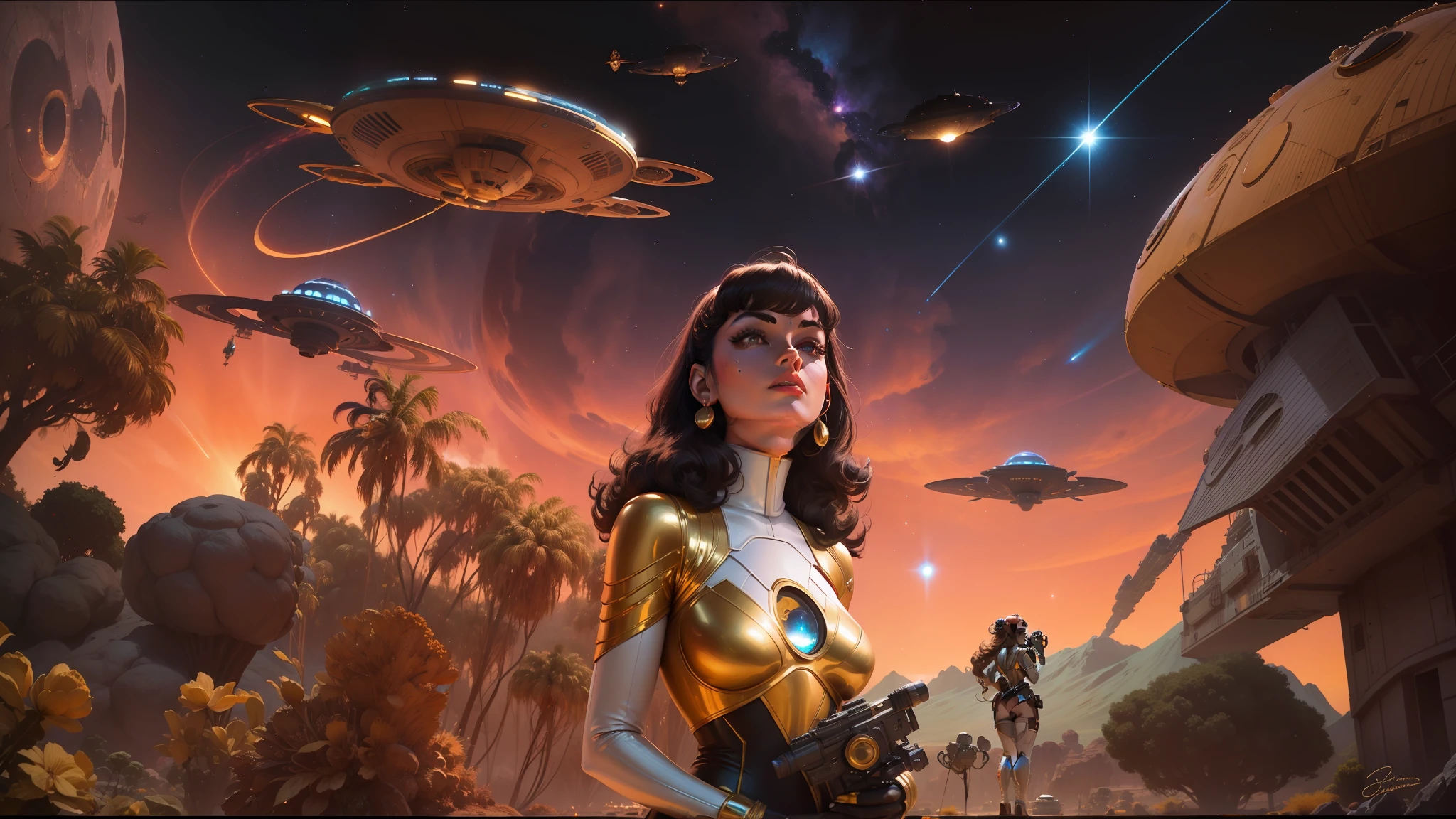 arafed image of a woman in a gold bodysuit standing in front of a space station, retro pulp art, cinemascope panorama, with black suns in the sky, tribbles, “ femme on a galactic shore, inspired by Dave Dorman, portrait of sofia vergara, cosmic weapons, lensflare --ar 16:9 --v 5.1