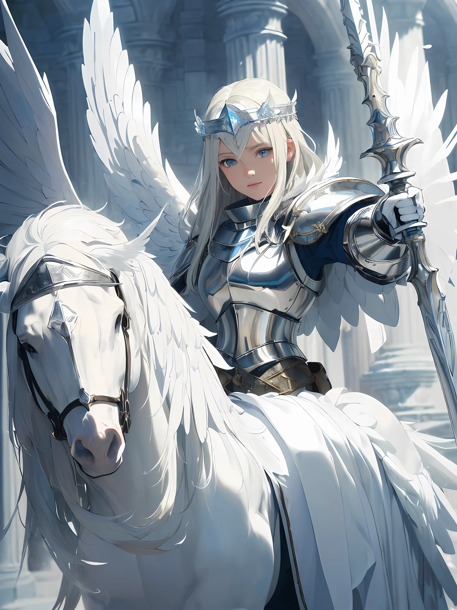 (((Masterpiece, Best Quality, High Definition, High Detail)))), ((Fantasy)))), (1 Female Knight)), Big, (Long Silver Blonde Hair), (Blue Eyes), (Fine and Large White Wings)), (White Cloak)), White Winged Circlet, White Leather Armor, White Gauntlet, White Glebe, (((White Long Spear)), (( A large shield shaped like white feathers))