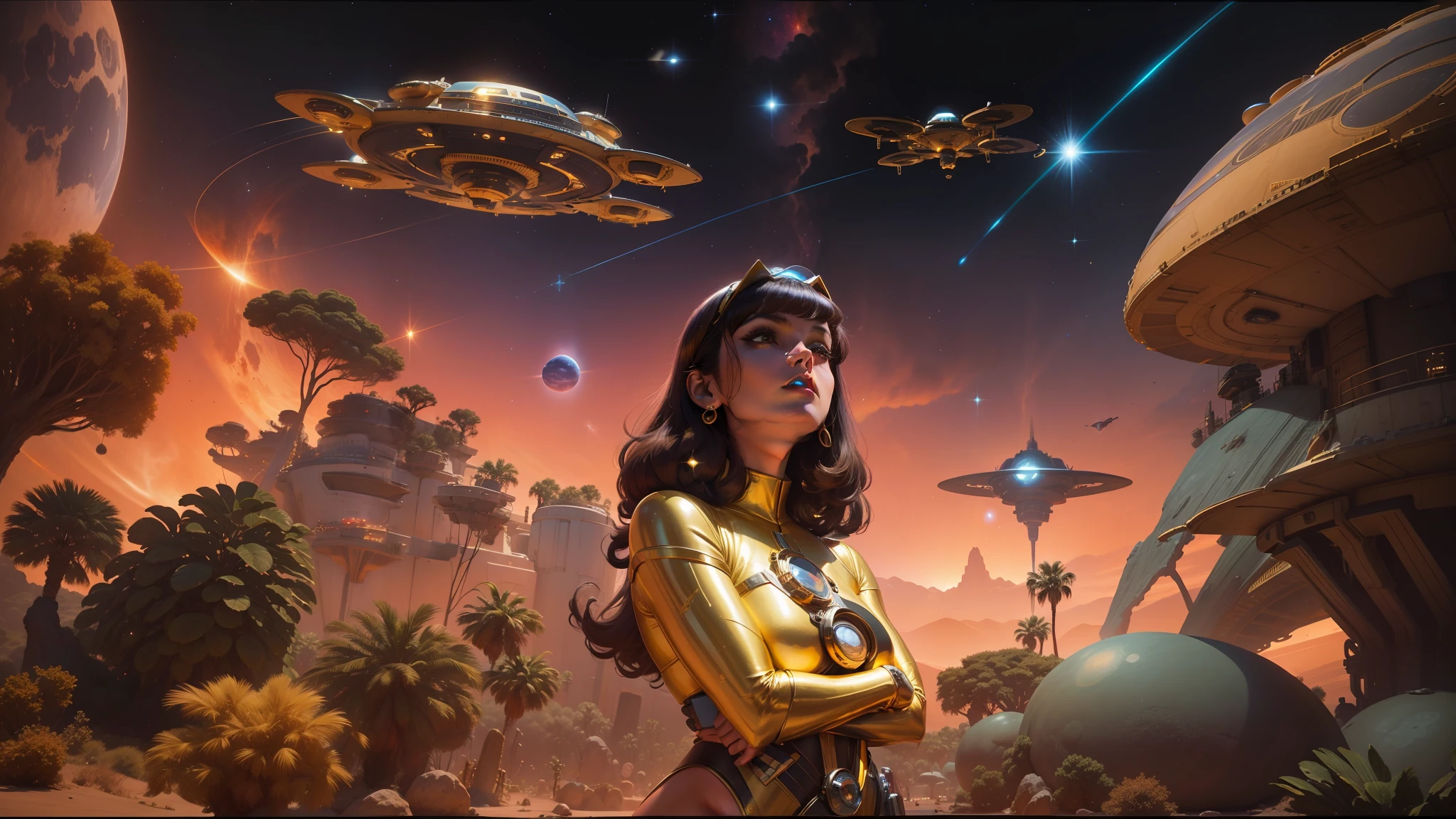 arafed image of a woman in a gold bodysuit standing in front of a space station, retro pulp art, cinemascope panorama, with black suns in the sky, tribbles, “ femme on a galactic shore, inspired by Dave Dorman, portrait of sofia vergara, cosmic weapons, lensflare --ar 16:9 --v 5.1