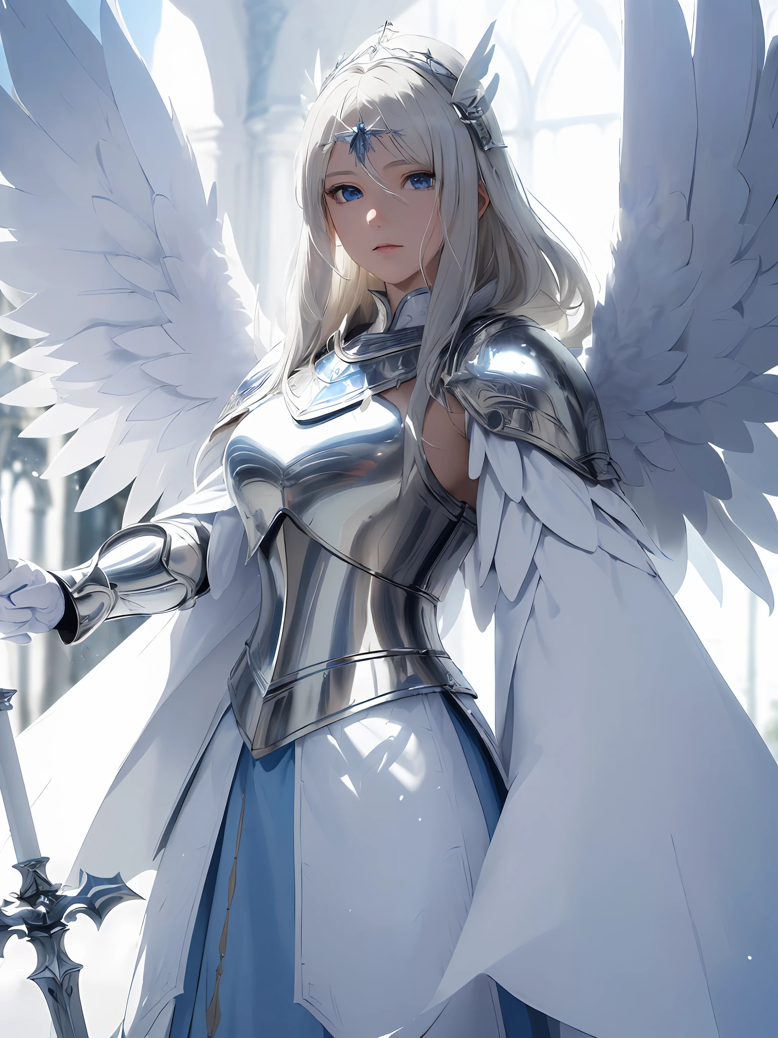 (((Masterpiece, Best Quality, High Definition, High Detail)))), ((Fantasy)))), (1 Female Knight)), Big, (Long Silver Blonde Hair), (Blue Eyes), (Fine and Large White Wings)), (White Cloak)), White Winged Circlet, White Leather Armor, White Gauntlet, White Glebe, (((White Long Spear)), (( A large shield shaped like white feathers))