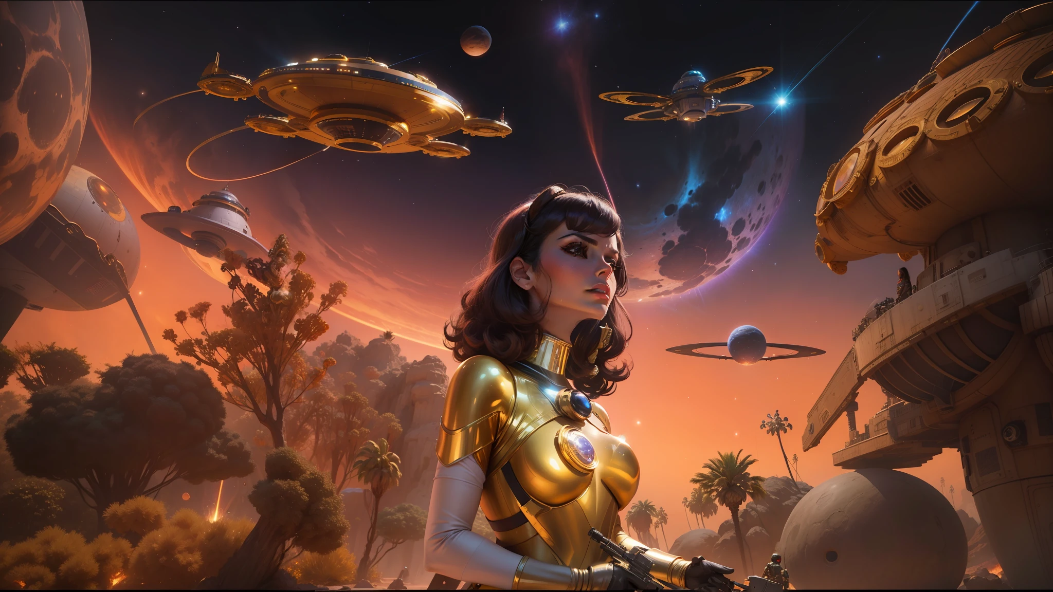 arafed image of a woman in a gold bodysuit standing in front of a space station, retro pulp art, cinemascope panorama, with black suns in the sky, tribbles, “ femme on a galactic shore, inspired by Dave Dorman, portrait of sofia vergara, cosmic weapons, lensflare --ar 16:9 --v 5.1