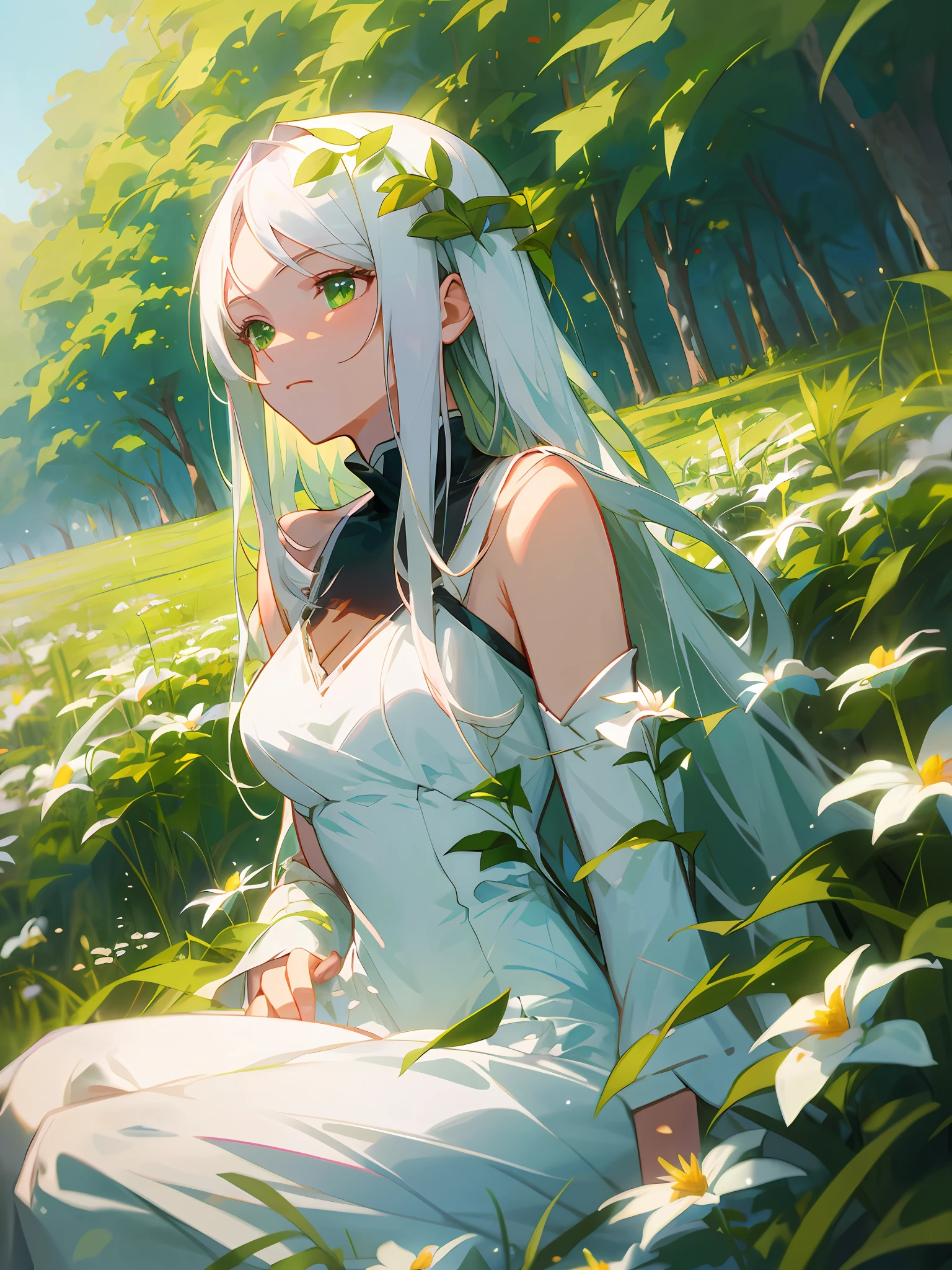Masterpiece, Best Quality, Medium Shot, Cinematic Angle, Dynamic Pose, 1 Girl, Seated, Long White Hair, Green Eyes, White Dress, Green Plants, Fields, Flowers, Blurred Outlook