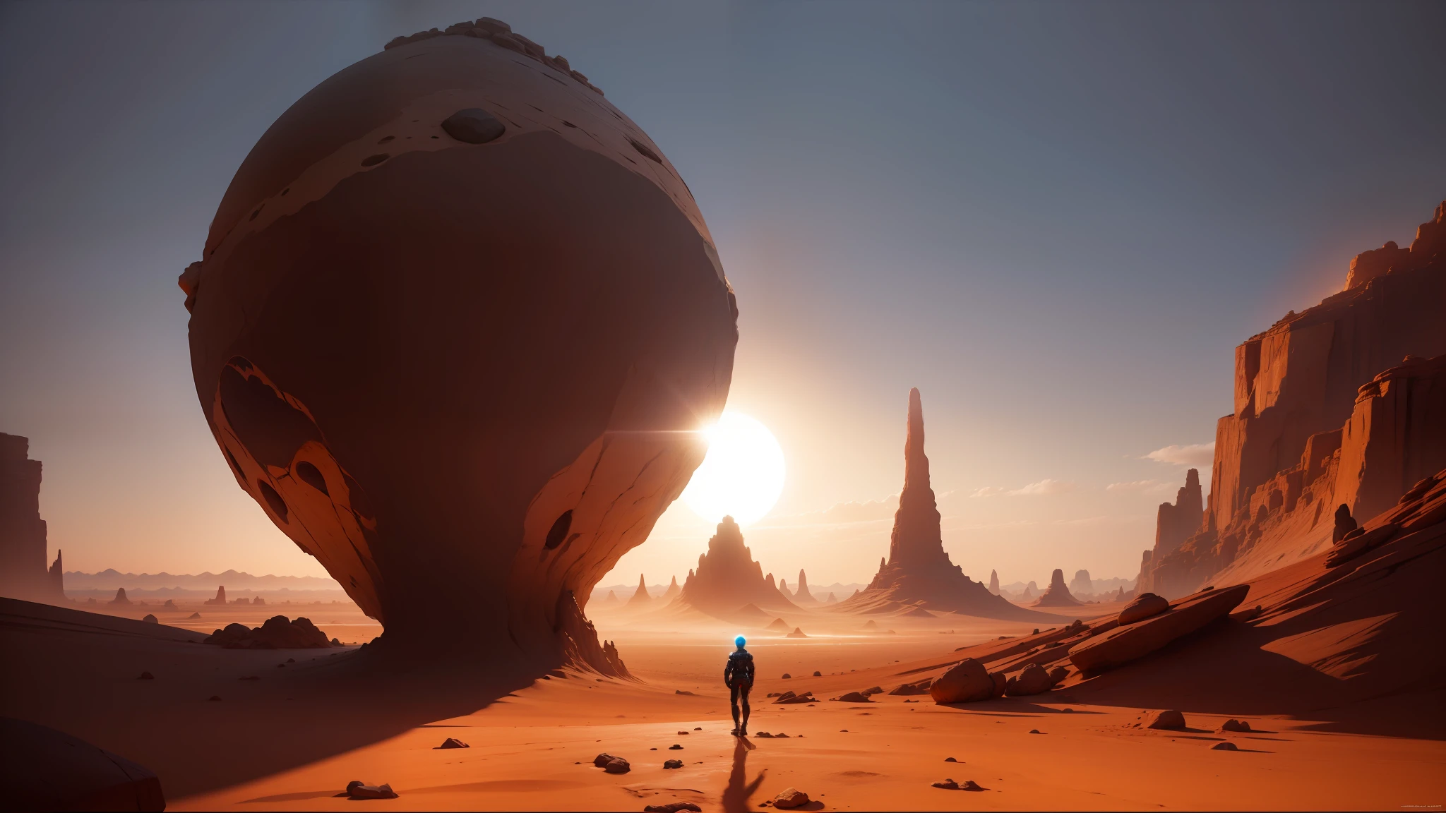 arafed view of a person standing in a desert with a rock formation, biopunk environment, playable trailer, the orb of eternity, inspired by Storm Thorgerson, extravagant matte painting, emissive light, protagonist in foreground, by Pascal Blanché