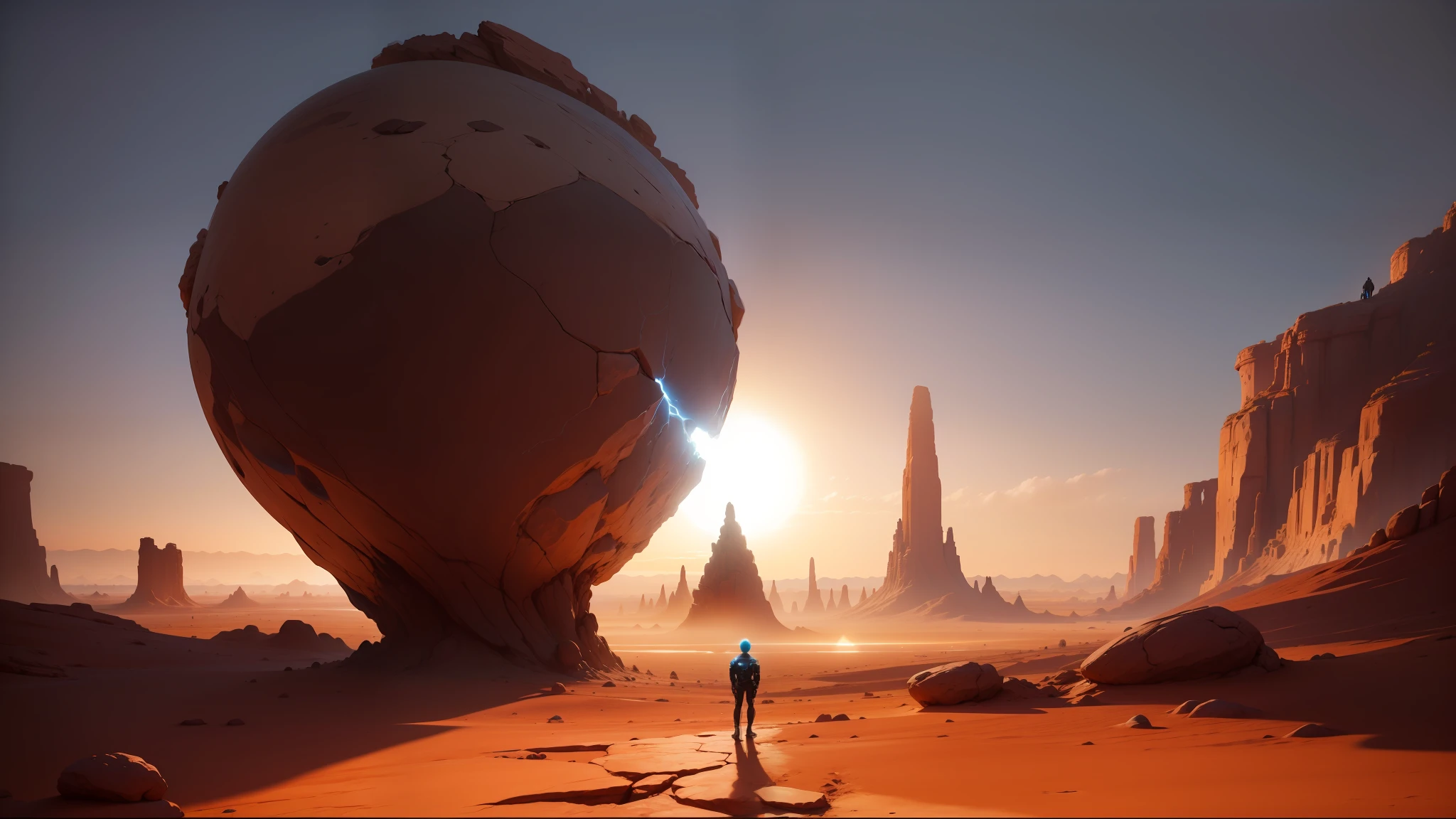 arafed view of a person standing in a desert with a rock formation, biopunk environment, playable trailer, the orb of eternity, inspired by Storm Thorgerson, extravagant matte painting, emissive light, protagonist in foreground, by Pascal Blanché