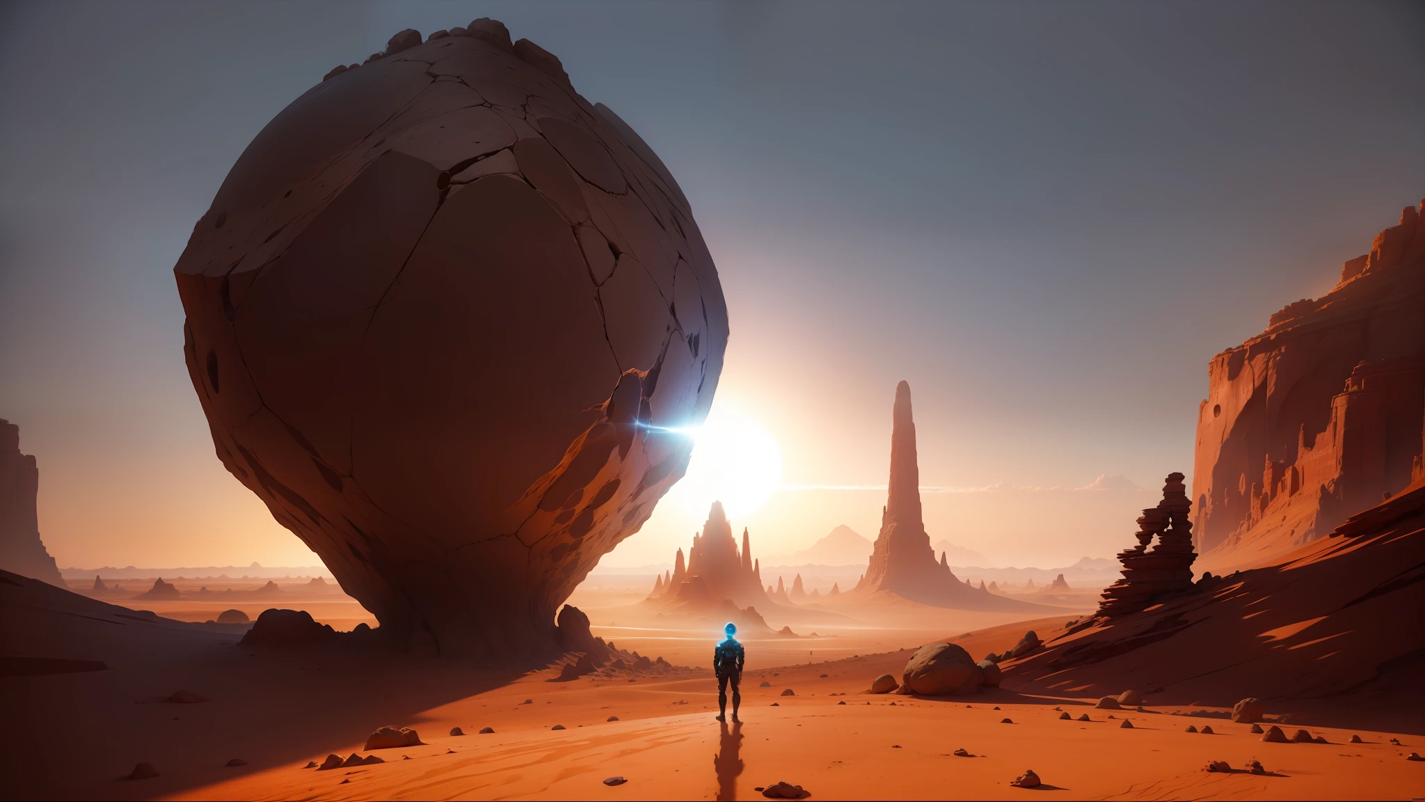 arafed view of a person standing in a desert with a rock formation, biopunk environment, playable trailer, the orb of eternity, inspired by Storm Thorgerson, extravagant matte painting, emissive light, protagonist in foreground, by Pascal Blanché