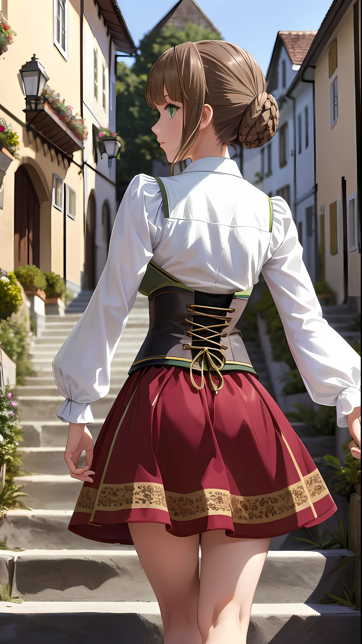 masterpiece, ultra high quality CG, best quality, perfect picture, solo, Duvalie (brown hair with braided buns, green eyes, bustier, cute, small breasts), photo from behind, nice ass, sexy, walking down a medieval lakeside town street stairs