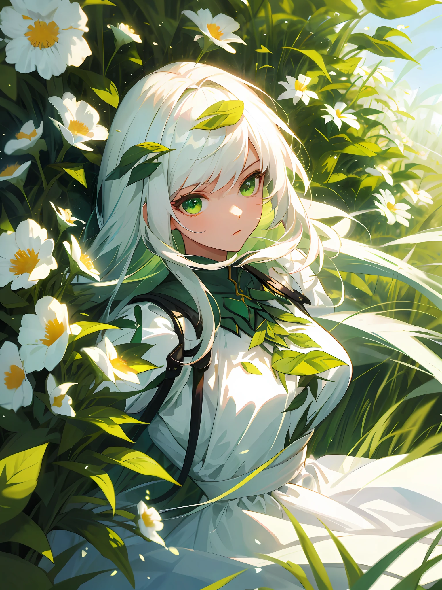 Masterpiece, Best Quality, Medium Shot, Cinematic Angle, Dynamic Pose, 1 Girl, Long White Hair, Green Eyes, White Dress, Green Plants, Field, Flowers, Blurred Outlook