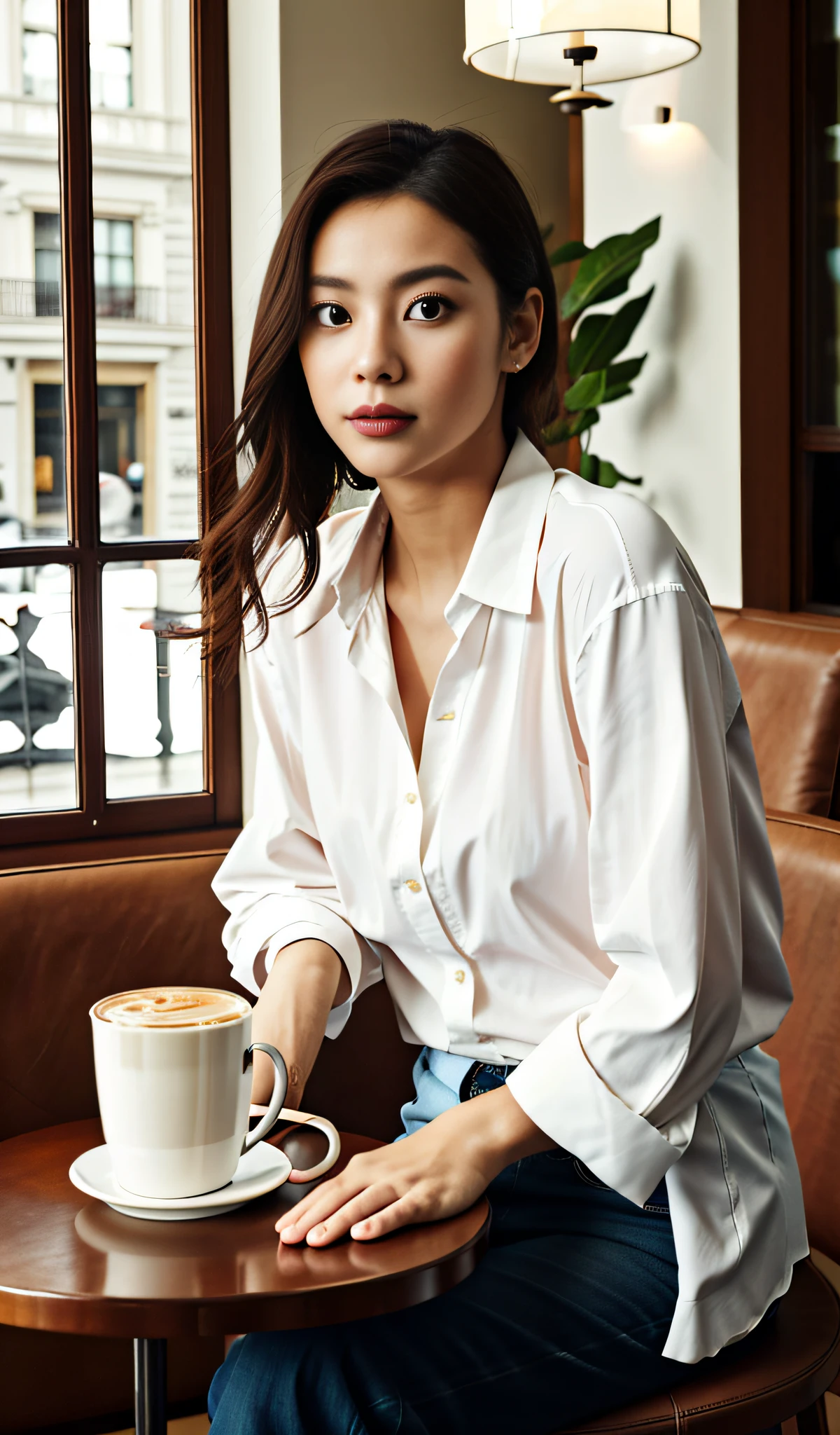 A beautiful model sitting in a café, featuring an elegant and dignified atmosphere, bright color tones, soft atmosphere, warm and cozy ambiance, telephoto lens, soft lighting, positive film, GAN technology, Unity engine, 4K ultra high definition. There is a delicate handbag placed on the table.