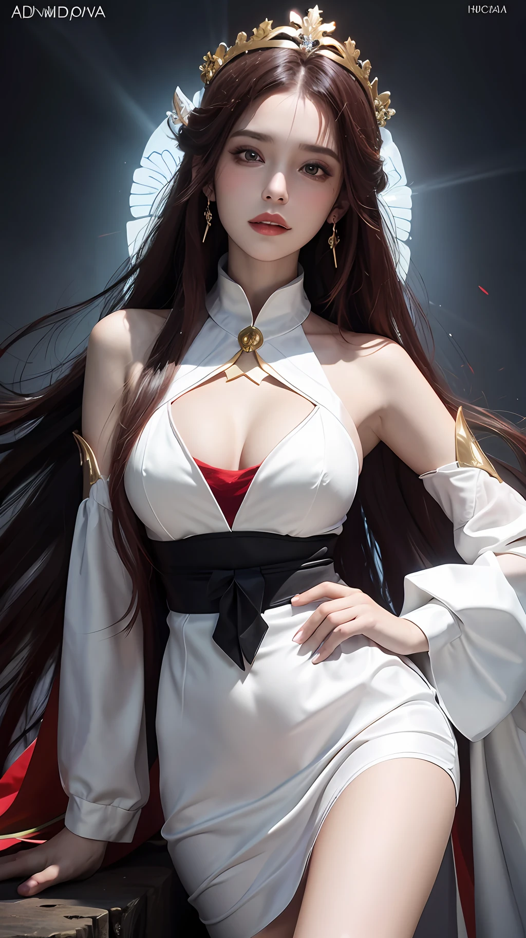 1 Beautiful fairy woman, In the Dark: 1.6), surreal female portrait by David Hockney and Alphonse Mucha, fantasy art, korea doll, photorealism, dynamic lighting, artstation, poster, volumetric lighting, very detailed faces, 8k ultra, all body, Awarded, in the dark, deep shadow, low key, cowboy lens, (Red phoenix dress: 1.4), long hair, black hair, bust, luxurious palace, Royal style,fairy woman crown, Big round black eyes, style Royal, The most beautiful face, big and regular breasts, Super realistic, chinese women's clothing, polo neck sweater, Charming smile, The eyes are very well made up, guweiz, hanfu, Ancient style, loong, forehead mark,