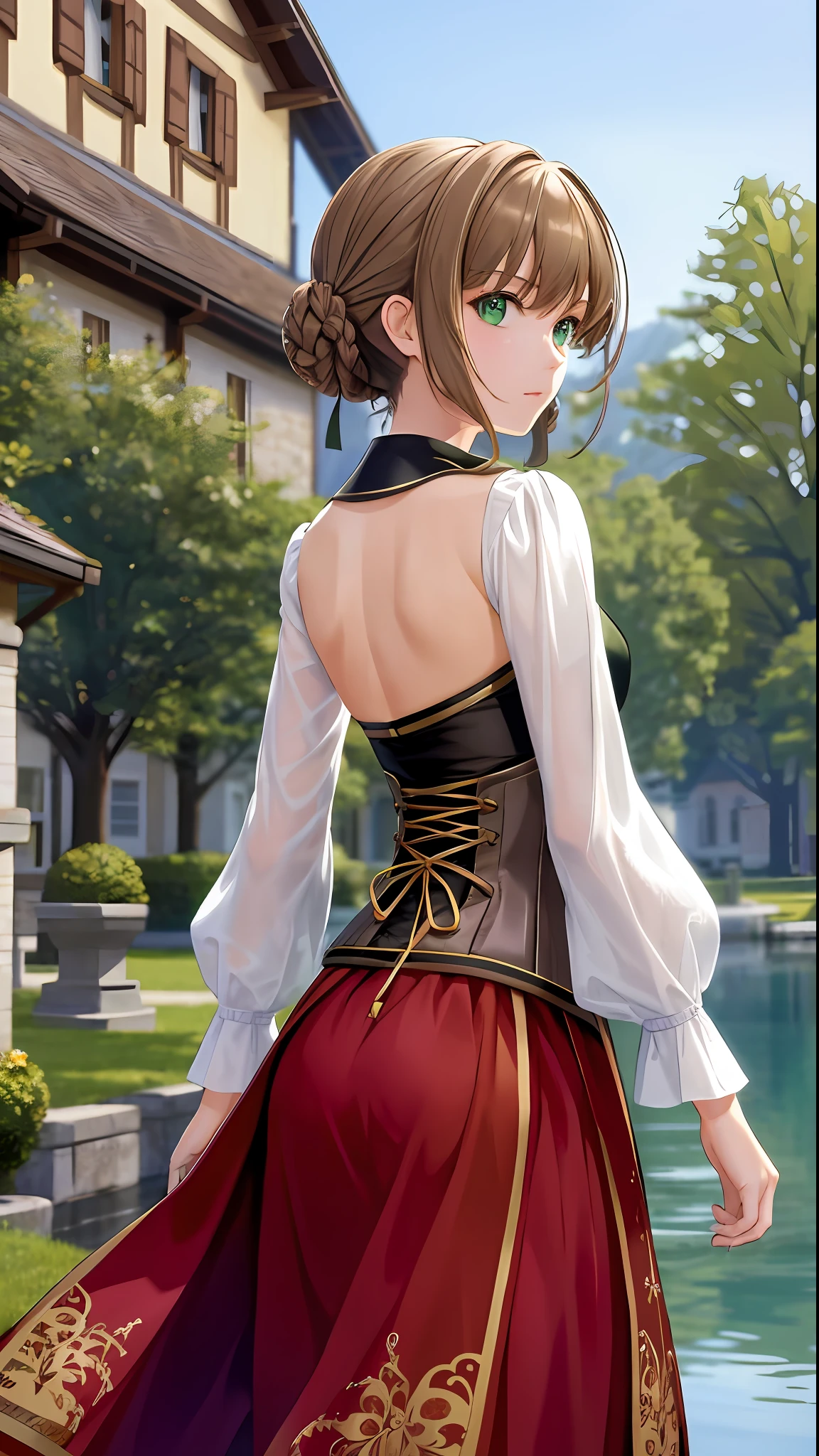 masterpiece, ultra high quality CG, best quality, perfect picture, solo, Duvalie (brown hair with braided buns, green eyes, bustier, cute, small breasts), photo from behind, nice ass, sexy, all on four, at lakeside, a medieval lakeside town