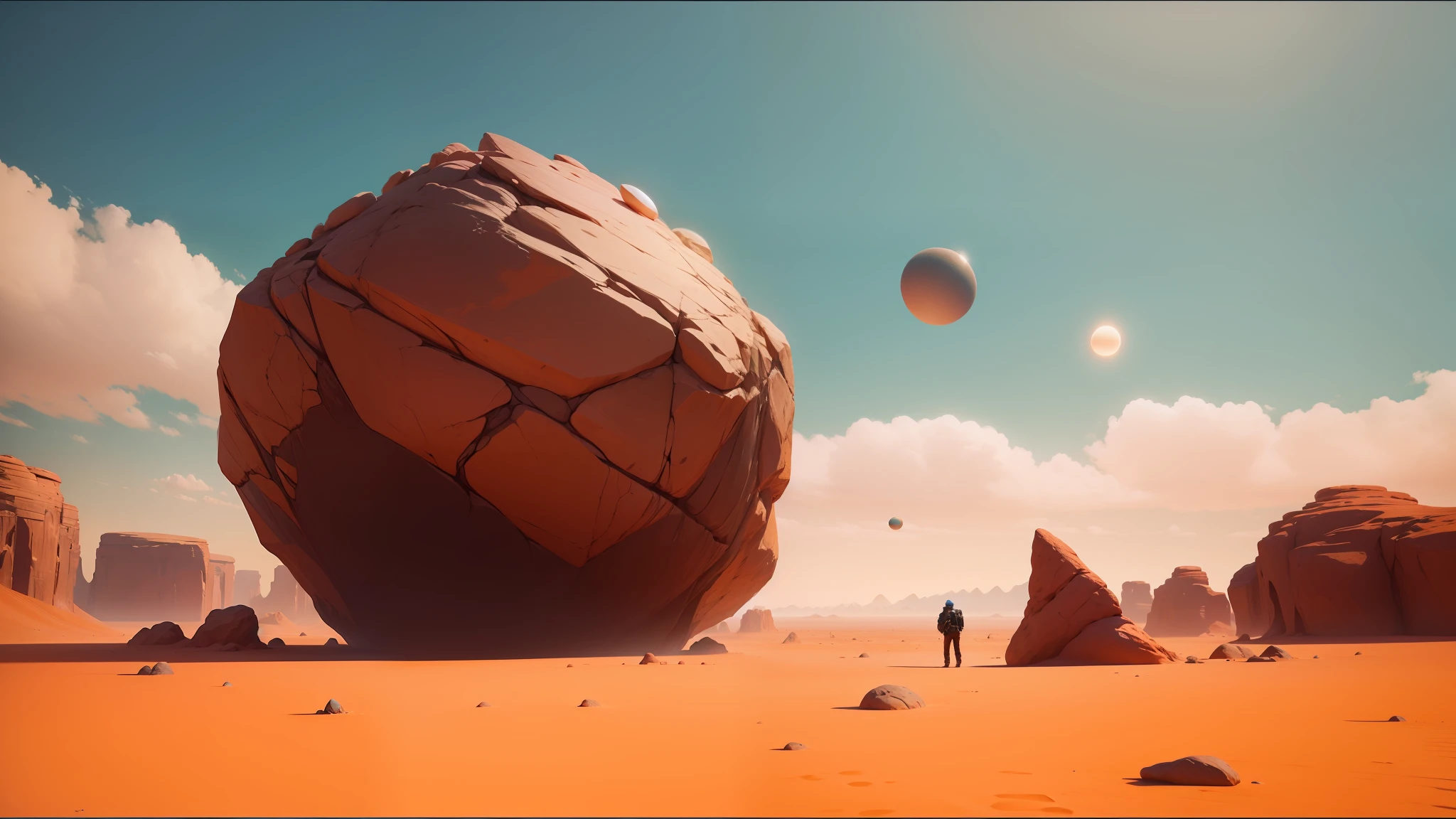 there is a man standing in the desert looking at a large rock, unity demo video, promotional images, traverse, inspired by Douglas Robertson Bisset, dream - like heavy atmosphere, surrealist aesthetic, floating spheres and shapes, lone person in the distance