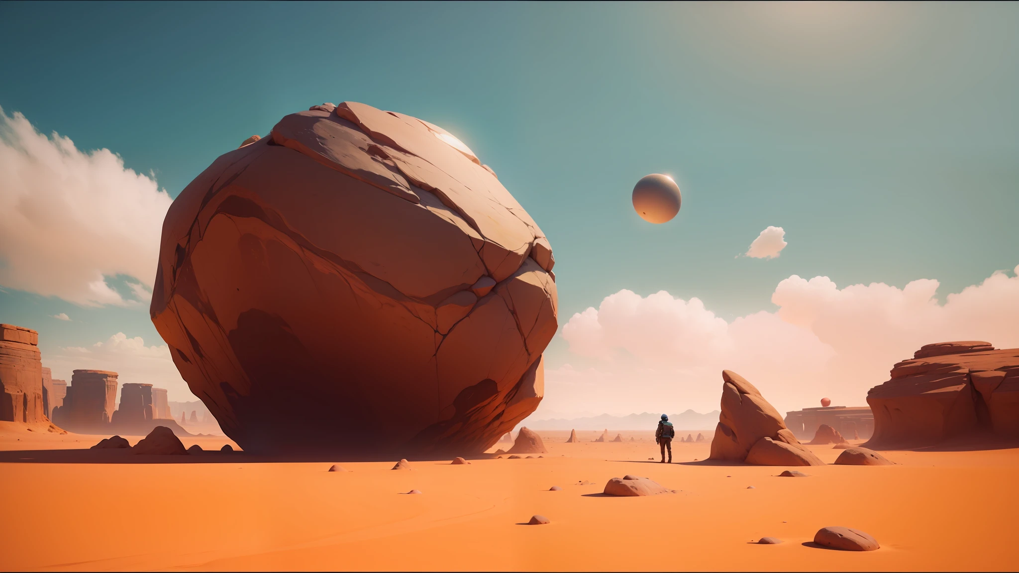 there is a man standing in the desert looking at a large rock, unity demo video, promotional images, traverse, inspired by Douglas Robertson Bisset, dream - like heavy atmosphere, surrealist aesthetic, floating spheres and shapes, lone person in the distance