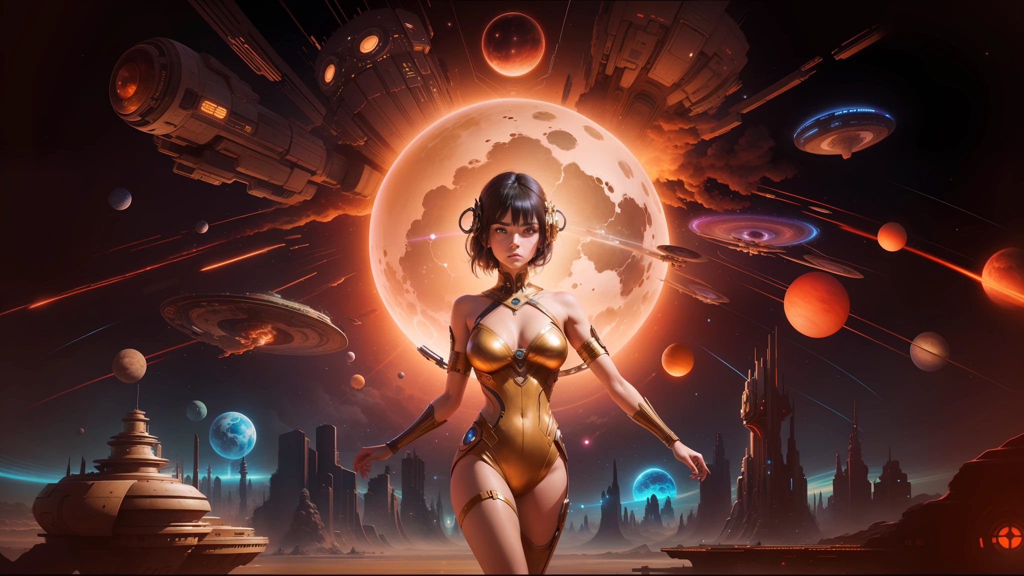 there is a woman standing in front of a painting of a planet, futuristic city in background, psytrance artwork, interconnected human lifeforms, panoramic view of girl, progressive rock album cover, dream of the endless, star dust, galaxy, stoner rock --ar 16:9 --v 5.1