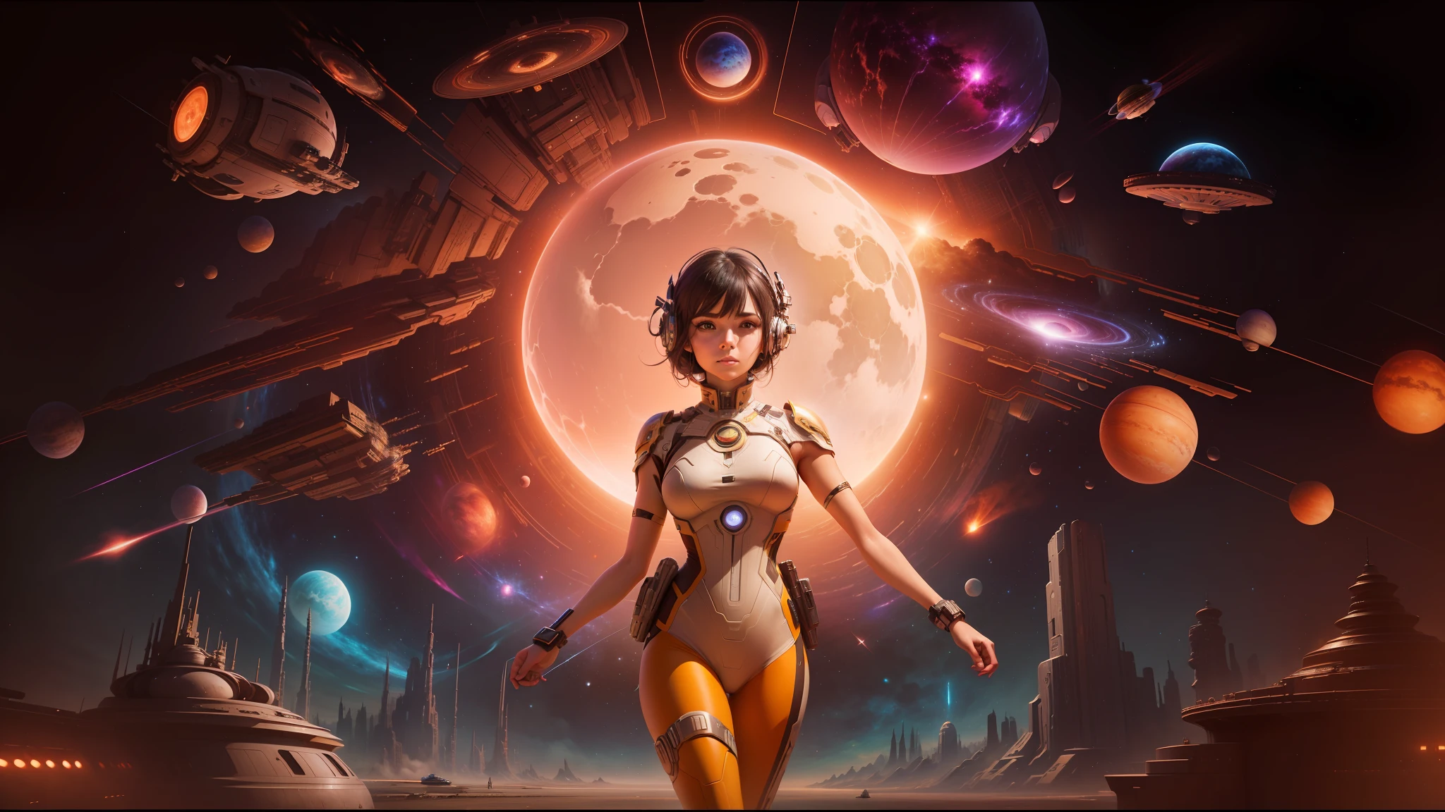 there is a woman standing in front of a painting of a planet, futuristic city in background, psytrance artwork, interconnected human lifeforms, panoramic view of girl, progressive rock album cover, dream of the endless, star dust, galaxy, stoner rock --ar 16:9 --v 5.1